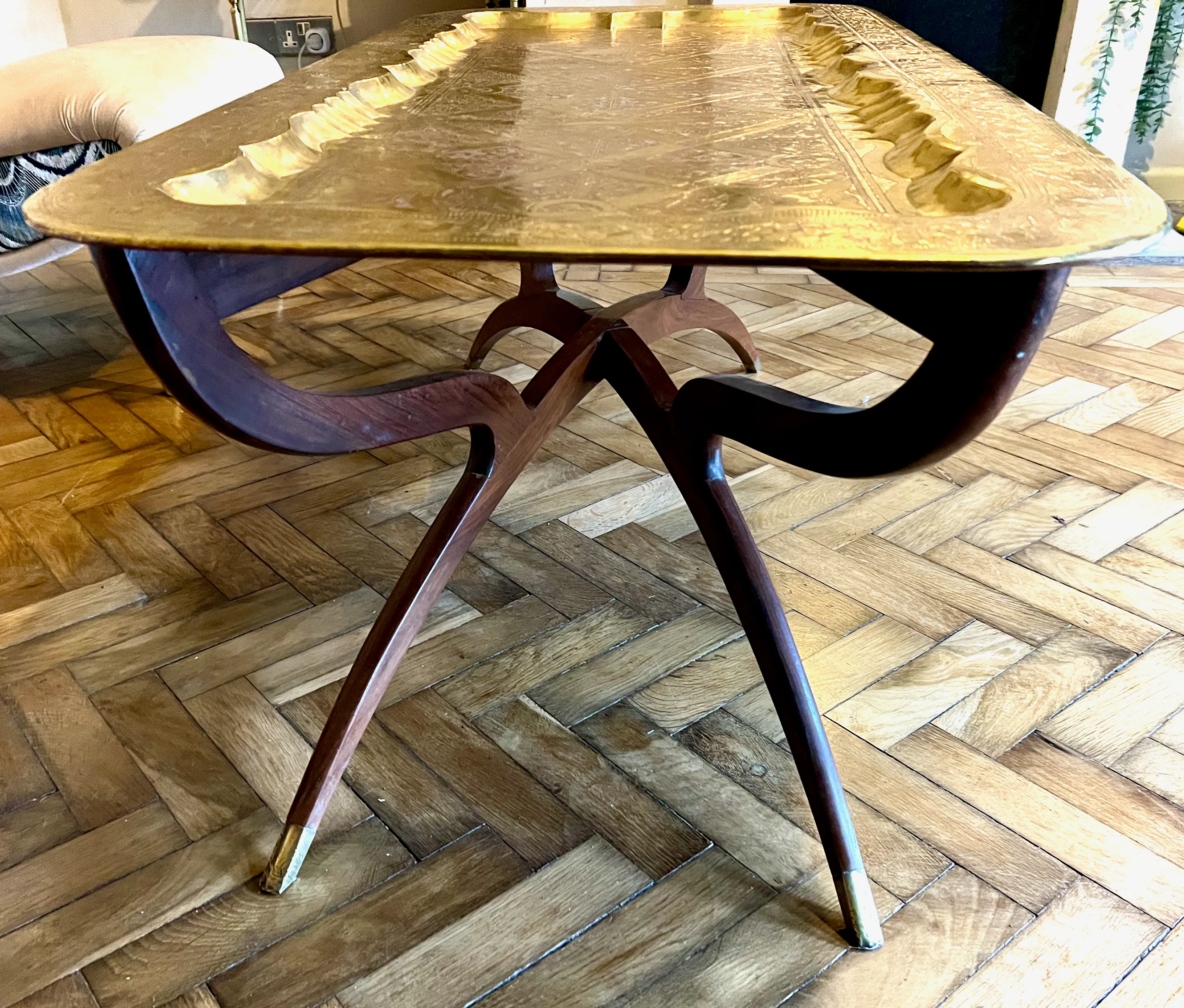 Charming Mid Century Coffee Table Brass Tray & Teak Legs