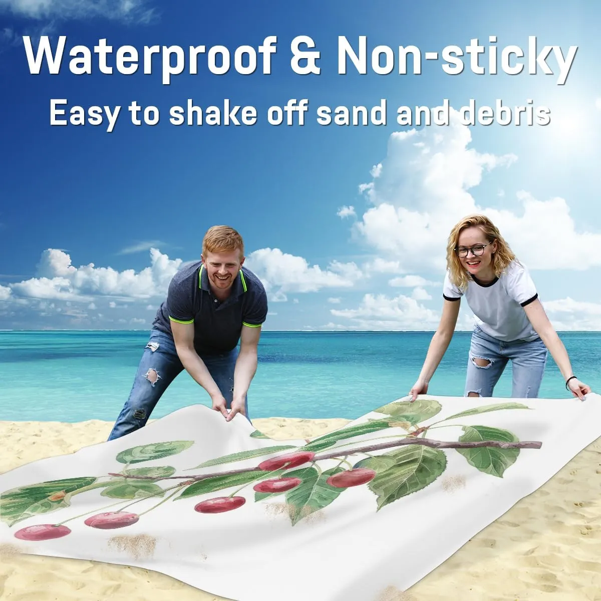 Cherry Beach Blanket, Sandproof Beach Mat, Adults Waterproof Quick Drying Sand Free Mat with 4 x Ground Spikes for Outdoor Travel Camping Hiking, Cute Cherries Fruit