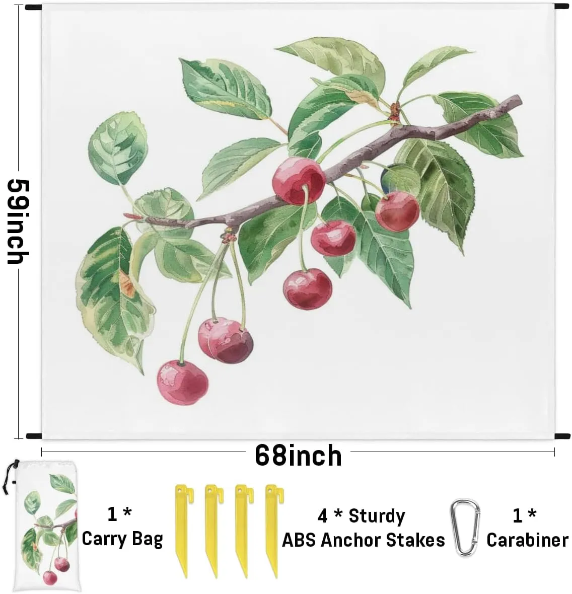 Cherry Beach Blanket, Sandproof Beach Mat, Adults Waterproof Quick Drying Sand Free Mat with 4 x Ground Spikes for Outdoor Travel Camping Hiking, Cute Cherries Fruit
