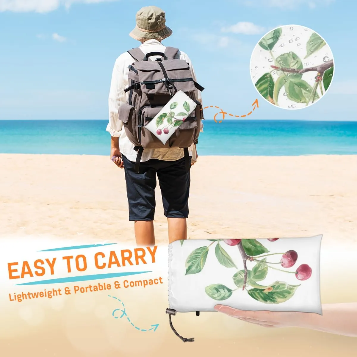 Cherry Beach Blanket, Sandproof Beach Mat, Adults Waterproof Quick Drying Sand Free Mat with 4 x Ground Spikes for Outdoor Travel Camping Hiking, Cute Cherries Fruit