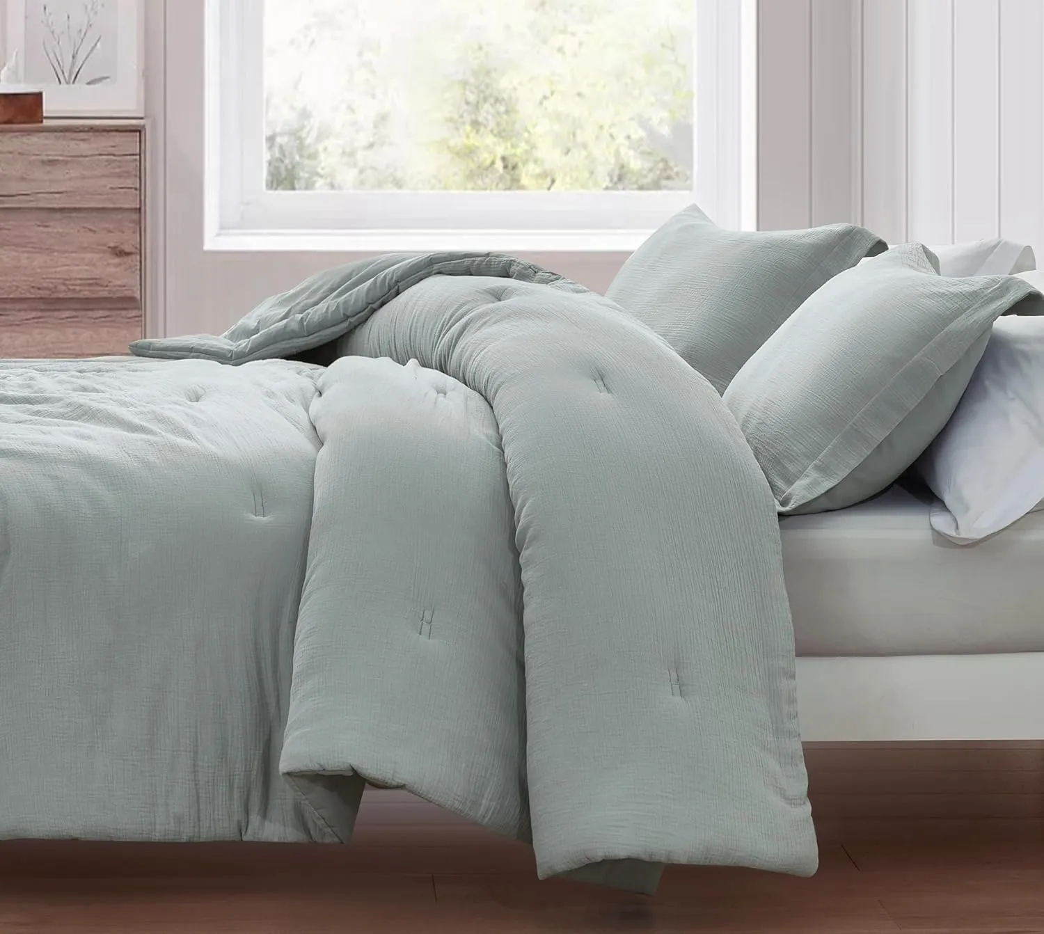 Chezmoi Collection Breeze 3-Piece 100% Cotton Muslin Queen Comforter Set, Light Blue-Gray Soft Washed Cotton Gauze Comforter, Lightweight Breathable Reversible 240GSM Fill Summer Bedding