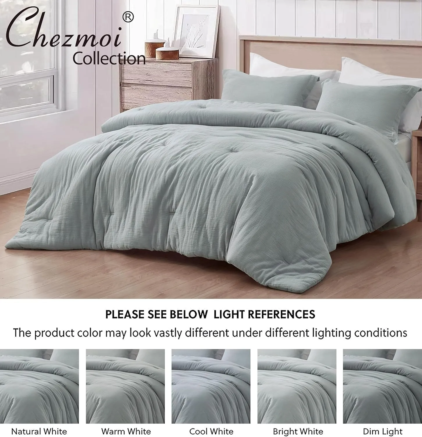 Chezmoi Collection Breeze 3-Piece 100% Cotton Muslin Queen Comforter Set, Light Blue-Gray Soft Washed Cotton Gauze Comforter, Lightweight Breathable Reversible 240GSM Fill Summer Bedding