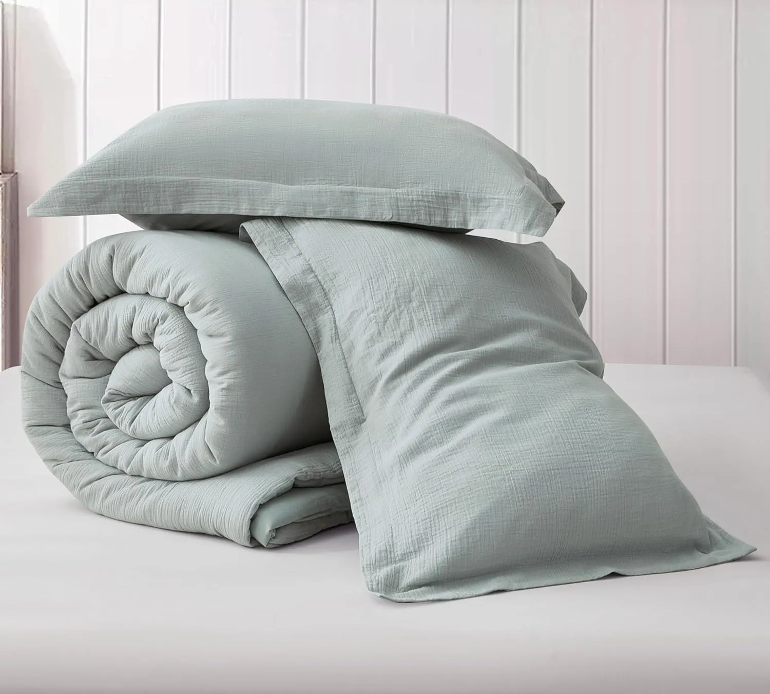 Chezmoi Collection Breeze 3-Piece 100% Cotton Muslin Queen Comforter Set, Light Blue-Gray Soft Washed Cotton Gauze Comforter, Lightweight Breathable Reversible 240GSM Fill Summer Bedding