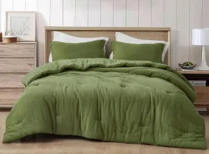 Chezmoi Collection Breeze 3-Piece 100% Cotton Muslin Queen Comforter Set, Olive Green Soft Washed Cotton Gauze Comforter, Lightweight Breathable Reversible 240GSM Fill Summer Bedding