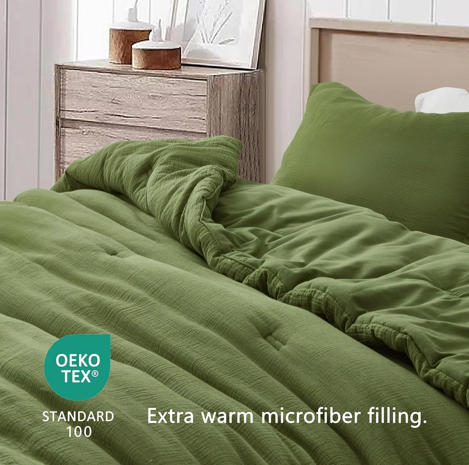 Chezmoi Collection Breeze 3-Piece 100% Cotton Muslin Queen Comforter Set, Olive Green Soft Washed Cotton Gauze Comforter, Lightweight Breathable Reversible 240GSM Fill Summer Bedding