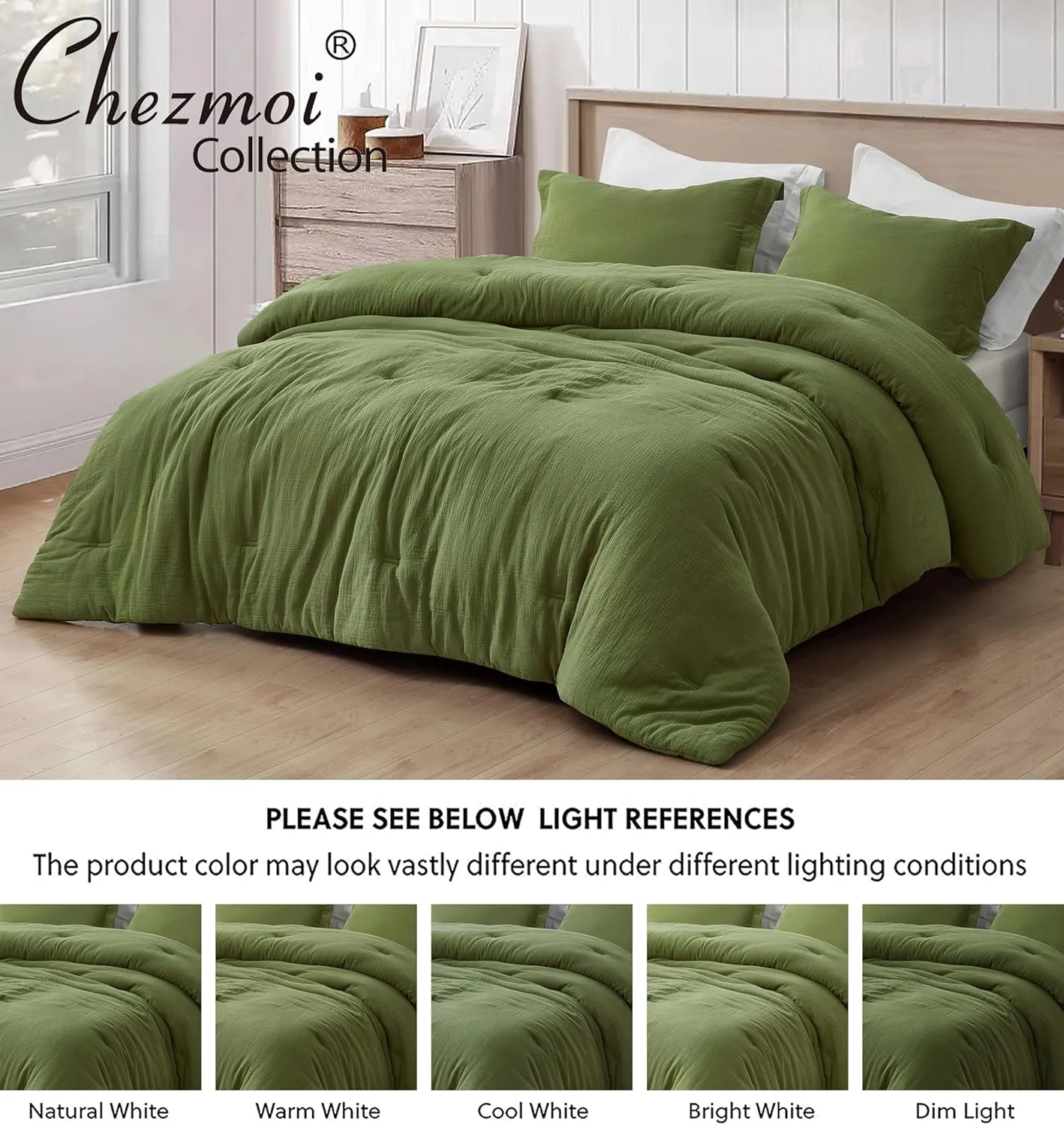 Chezmoi Collection Breeze 3-Piece 100% Cotton Muslin Queen Comforter Set, Olive Green Soft Washed Cotton Gauze Comforter, Lightweight Breathable Reversible 240GSM Fill Summer Bedding