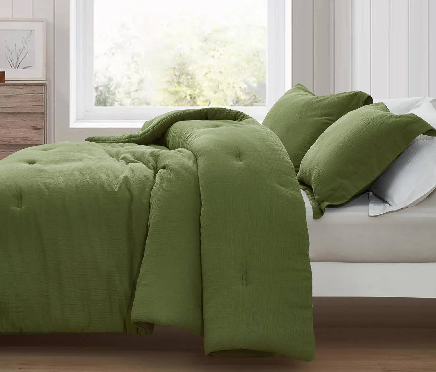 Chezmoi Collection Breeze 3-Piece 100% Cotton Muslin Queen Comforter Set, Olive Green Soft Washed Cotton Gauze Comforter, Lightweight Breathable Reversible 240GSM Fill Summer Bedding