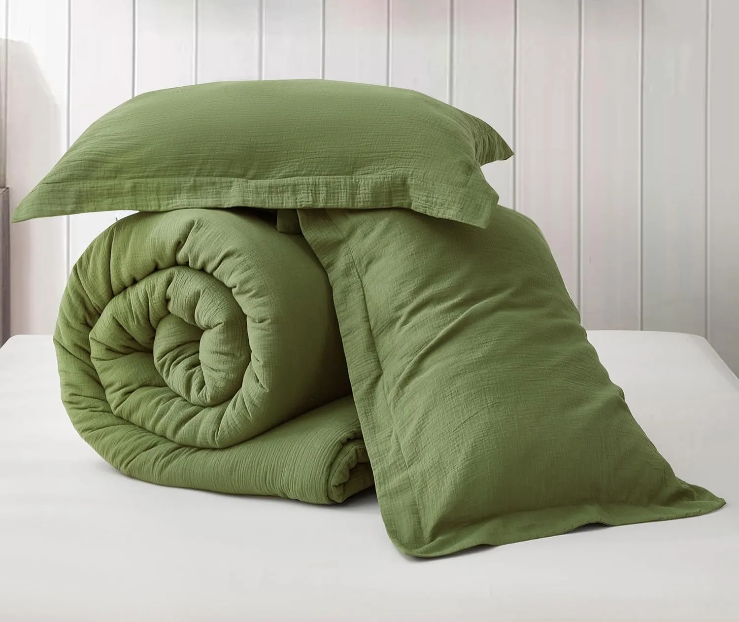Chezmoi Collection Breeze 3-Piece 100% Cotton Muslin Queen Comforter Set, Olive Green Soft Washed Cotton Gauze Comforter, Lightweight Breathable Reversible 240GSM Fill Summer Bedding