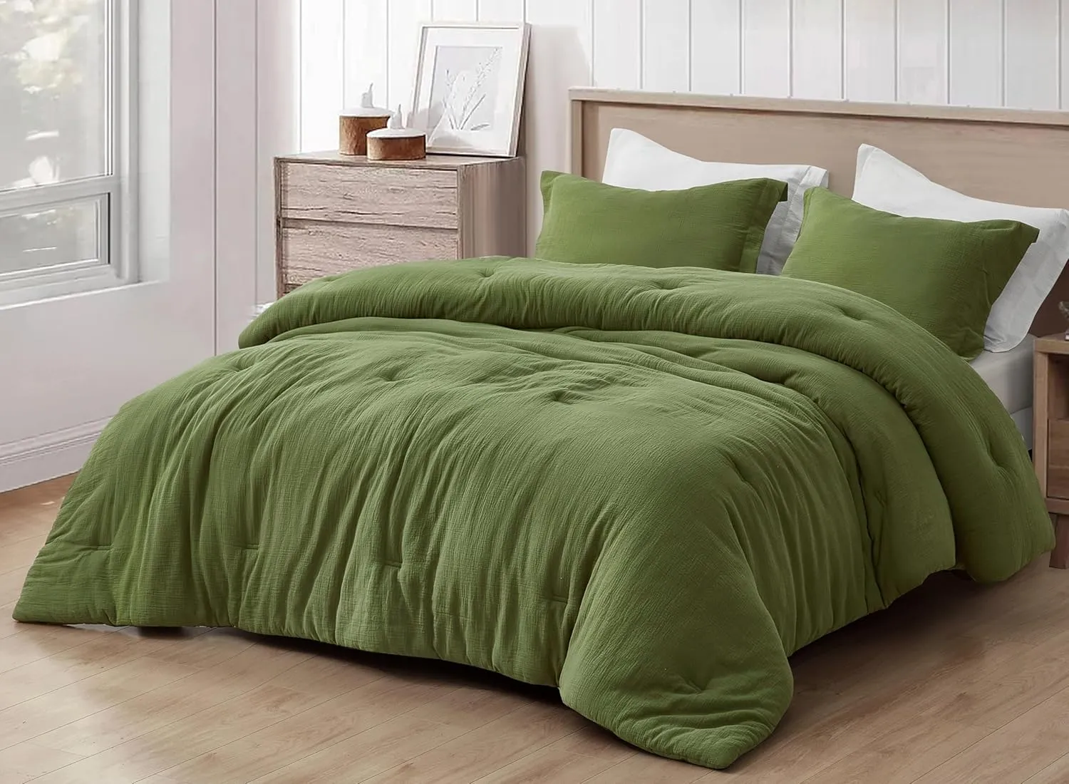 Chezmoi Collection Breeze 3-Piece 100% Cotton Muslin Queen Comforter Set, Olive Green Soft Washed Cotton Gauze Comforter, Lightweight Breathable Reversible 240GSM Fill Summer Bedding