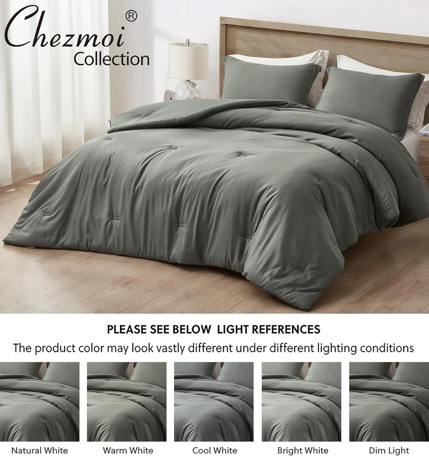 Chezmoi Collection Cliff 3-Piece Lightweight Cooling Comforter Set, Queen- Rayon Derived from Bamboo & Polyester Blended, Soft Breathable Bedding for Hot Sleepers, Dark Gray