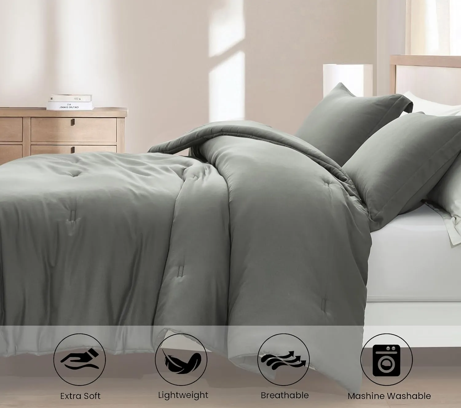 Chezmoi Collection Cliff 3-Piece Lightweight Cooling Comforter Set, Queen- Rayon Derived from Bamboo & Polyester Blended, Soft Breathable Bedding for Hot Sleepers, Dark Gray