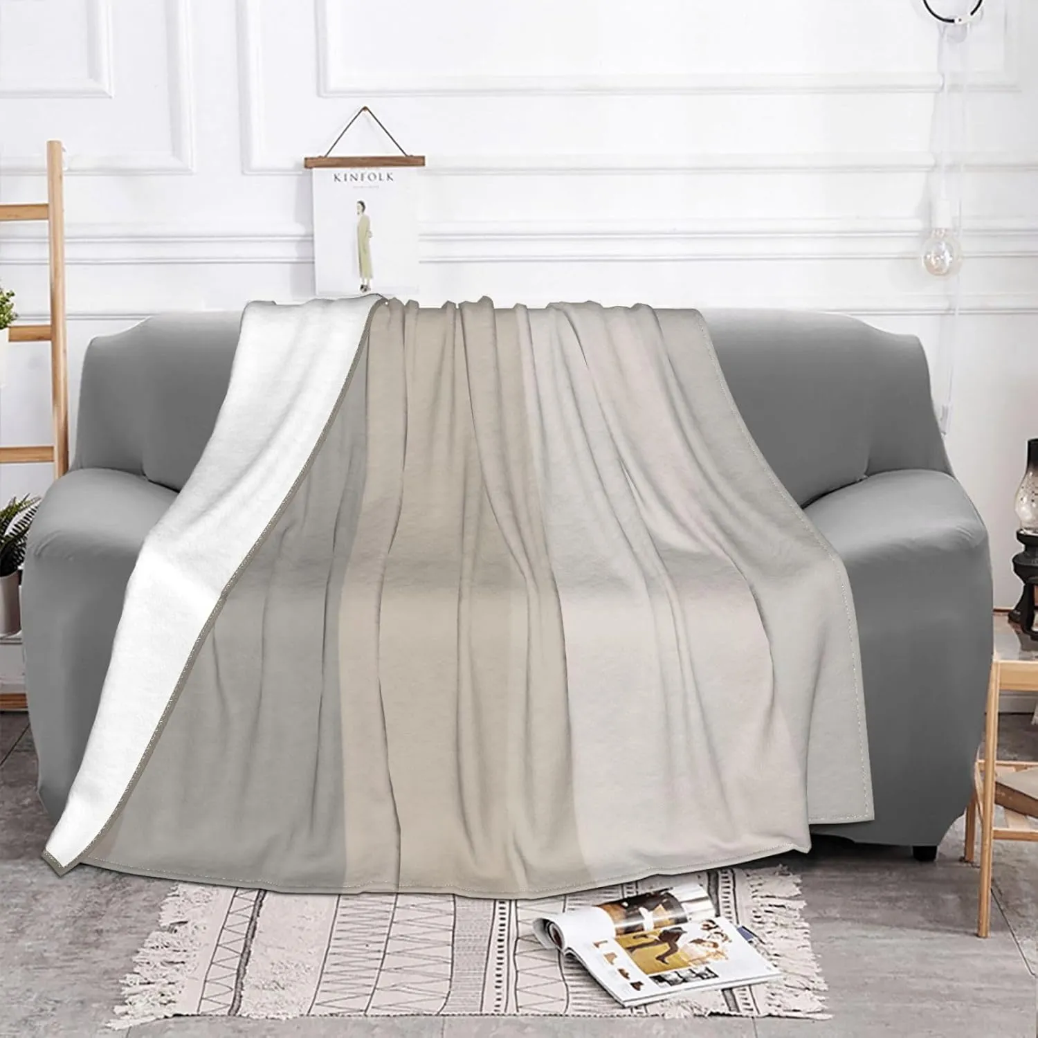 Chic Taupe, Cream and Gray Striped 60"X50" Flannel Blanket - 100% Soft Polyester, Lightweight and Warm, Suitable for Families, Camping, Travel