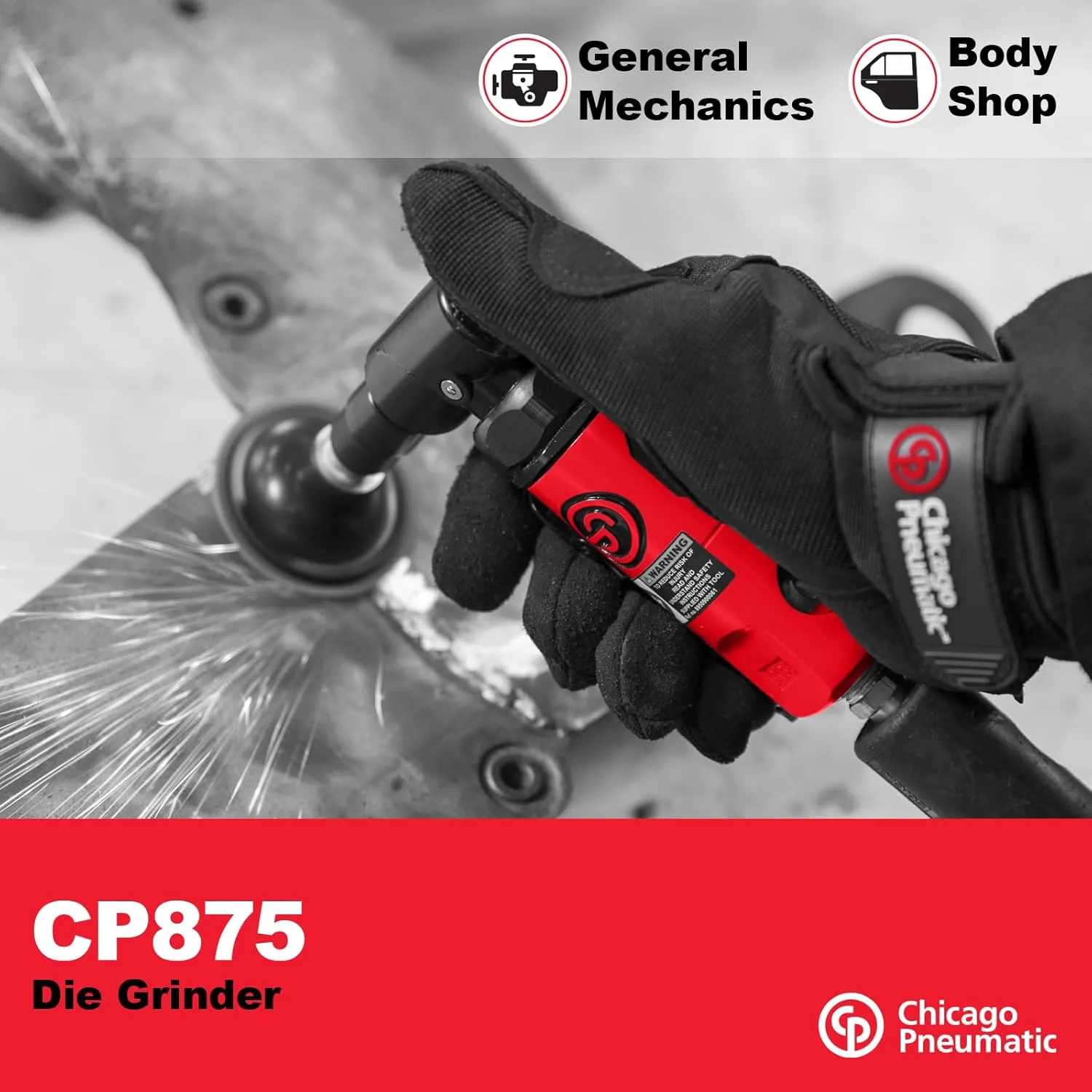 Chicago Pneumatic CP875 Kit - Air Die Grinder Tool, Welder, Woodworking, Automotive Car Detailing, Stainless Steel Polisher, Heavy Duty, Right Angle Grinder, 1/4 Inch (6 mm), 0.3 HP/ 220W - 22500 RPM