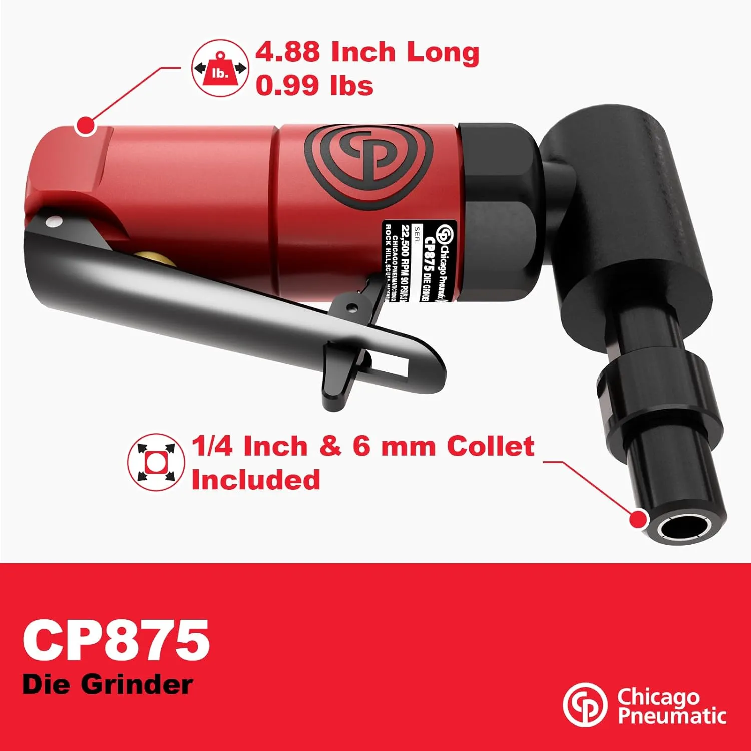 Chicago Pneumatic CP875 Kit - Air Die Grinder Tool, Welder, Woodworking, Automotive Car Detailing, Stainless Steel Polisher, Heavy Duty, Right Angle Grinder, 1/4 Inch (6 mm), 0.3 HP/ 220W - 22500 RPM