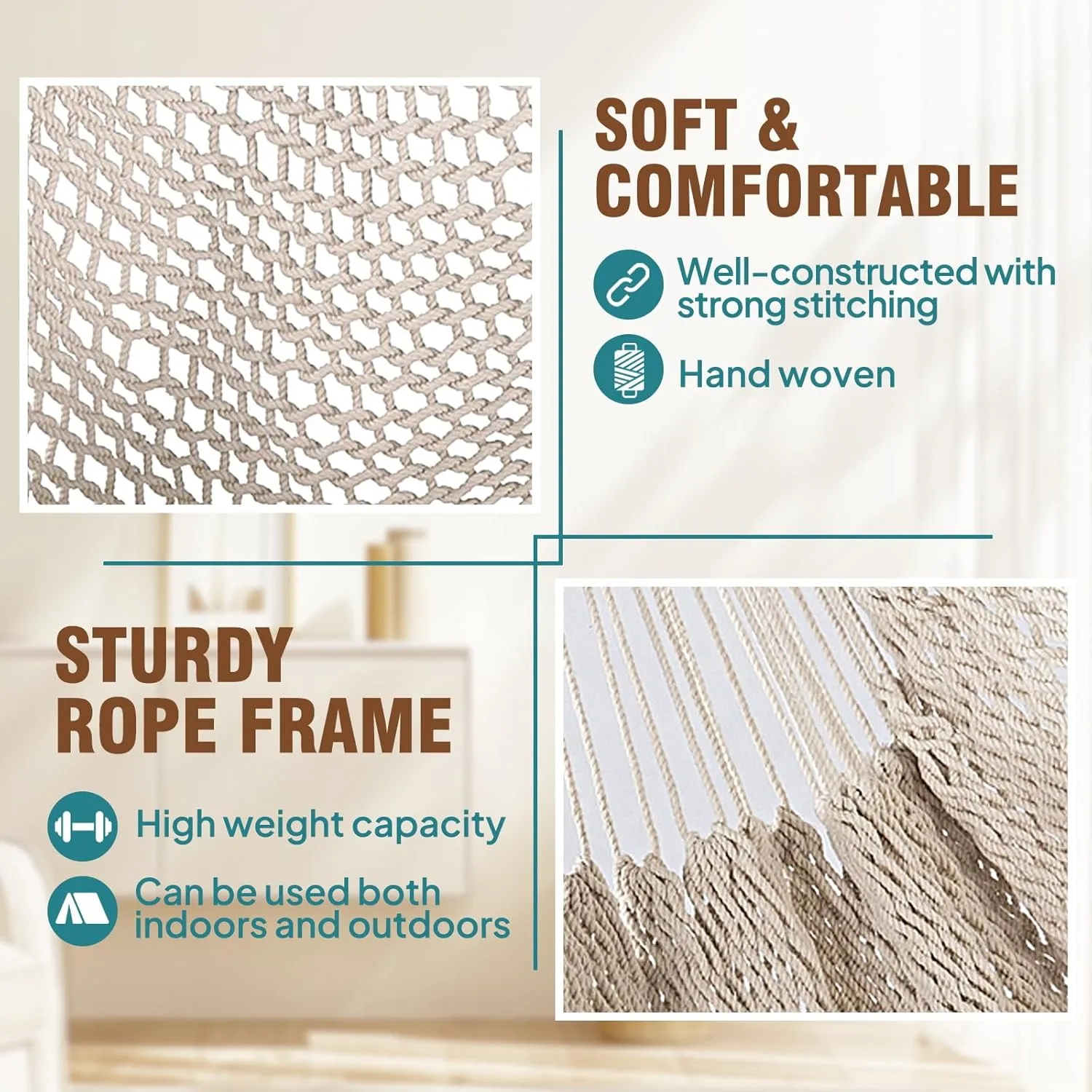 Chihee Hammock Chair Super Large Soft-Spun Cotton Rope Weaving Hanging Chair, Collapsible Strong Metal Spreader Bar Wide Seat Lace Stretch Swing Chairs Indoor Outdoor Garden Yard Theme Decoration