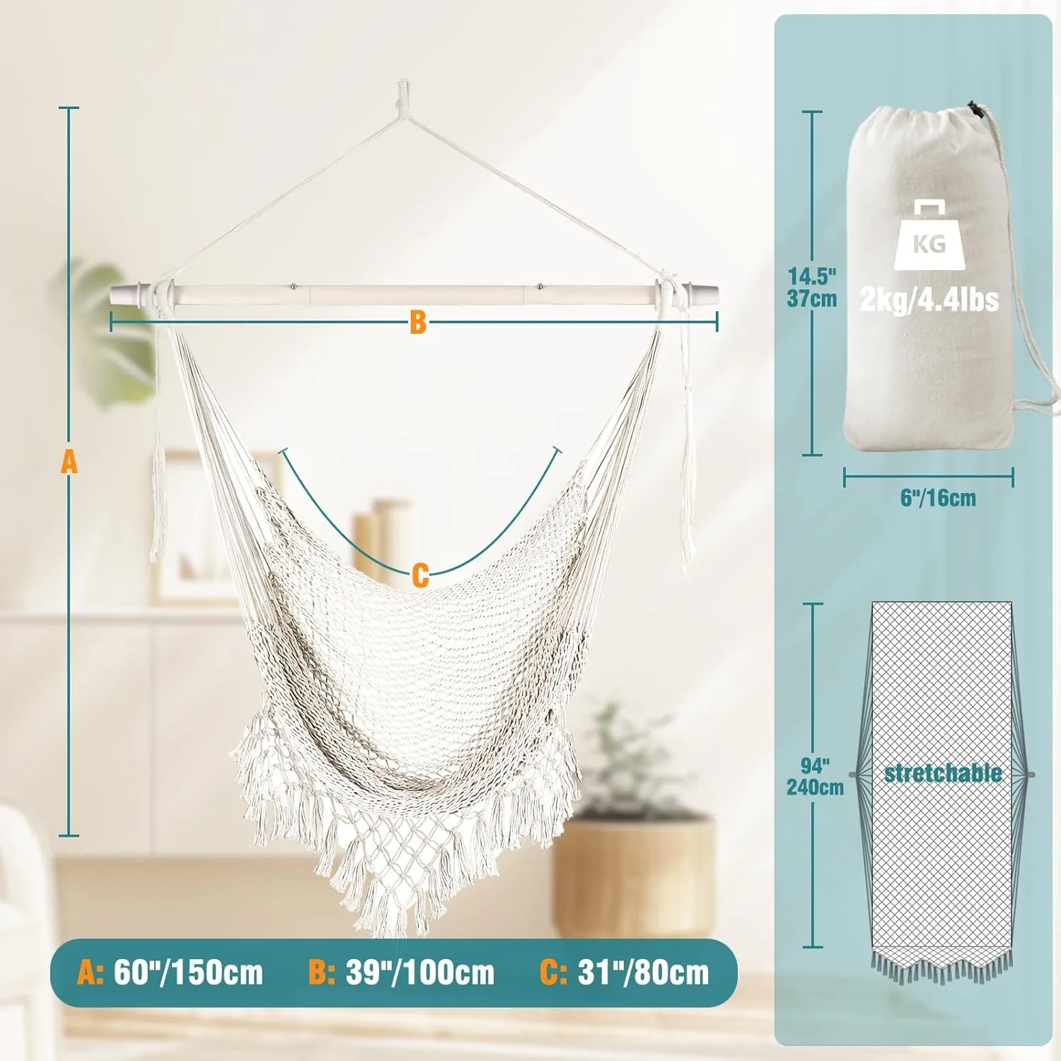 Chihee Hammock Chair Super Large Soft-Spun Cotton Rope Weaving Hanging Chair, Collapsible Strong Metal Spreader Bar Wide Seat Lace Stretch Swing Chairs Indoor Outdoor Garden Yard Theme Decoration