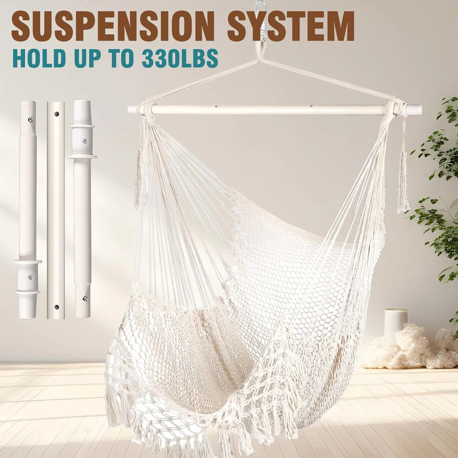 Chihee Hammock Chair Super Large Soft-Spun Cotton Rope Weaving Hanging Chair, Collapsible Strong Metal Spreader Bar Wide Seat Lace Stretch Swing Chairs Indoor Outdoor Garden Yard Theme Decoration