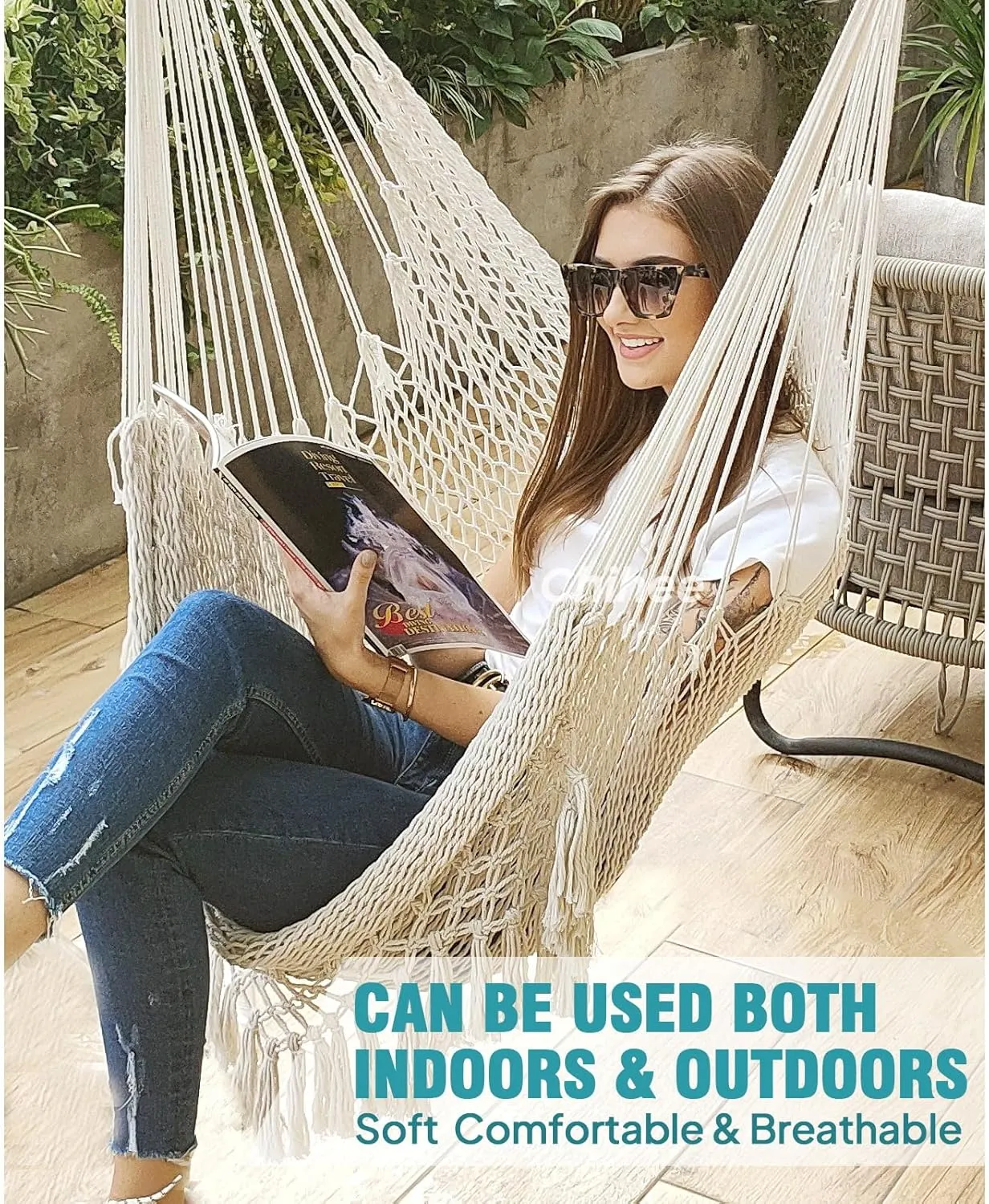 Chihee Hammock Chair Super Large Soft-Spun Cotton Rope Weaving Hanging Chair, Collapsible Strong Metal Spreader Bar Wide Seat Lace Stretch Swing Chairs Indoor Outdoor Garden Yard Theme Decoration