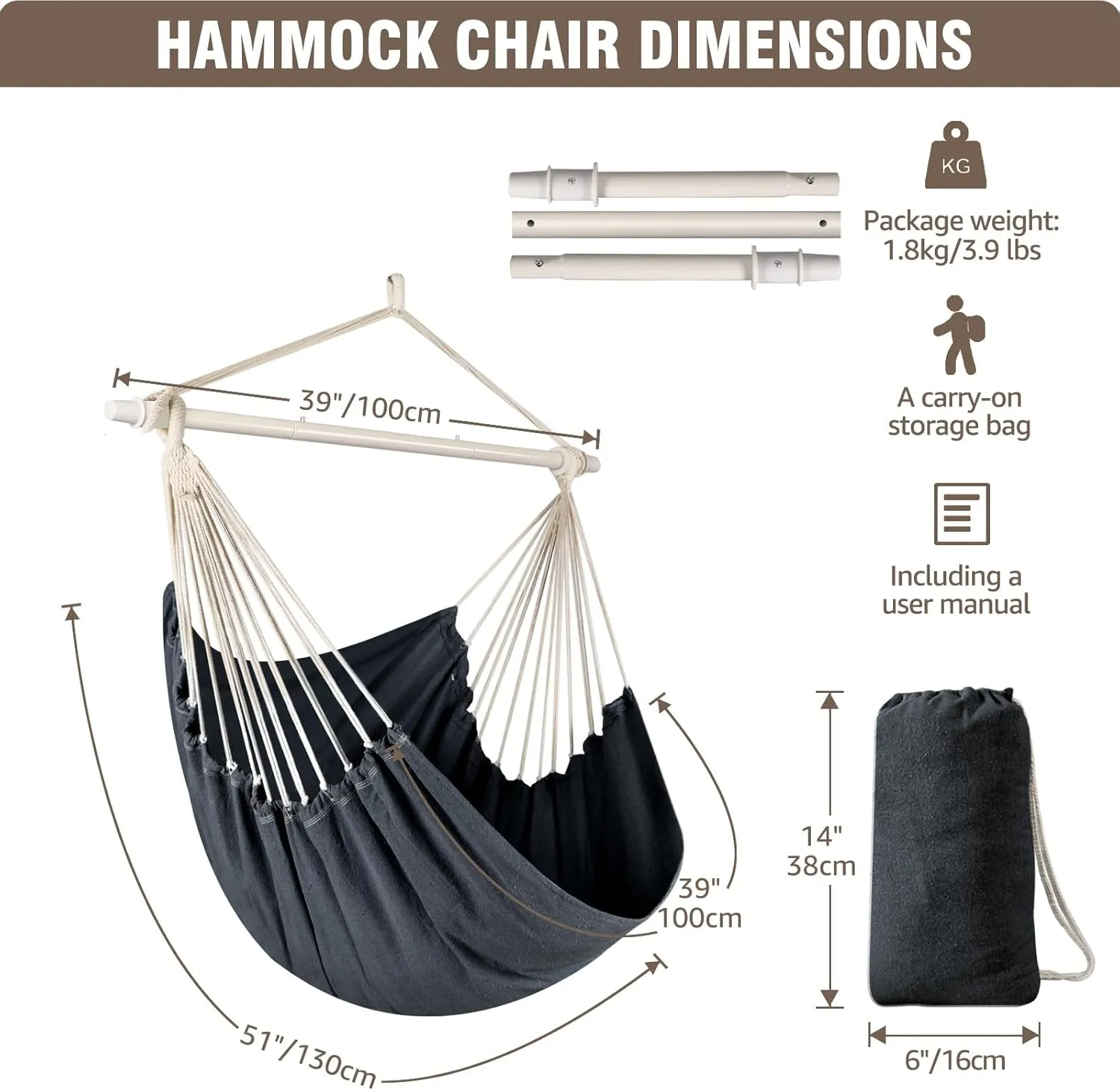 Chihee Hammock Chair Swing - Strong Metal, Collapsible, Portable, Max 500 lbs, Comfy Seat, Patio & Lawn, Cotton Blended, Indoor/Outdoor