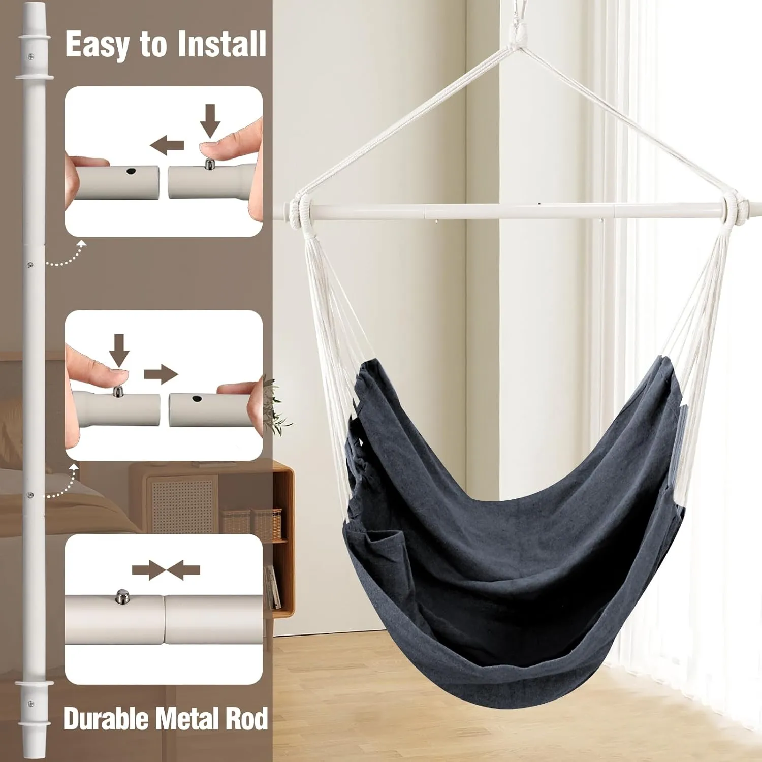 Chihee Hammock Chair Swing - Strong Metal, Collapsible, Portable, Max 500 lbs, Comfy Seat, Patio & Lawn, Cotton Blended, Indoor/Outdoor