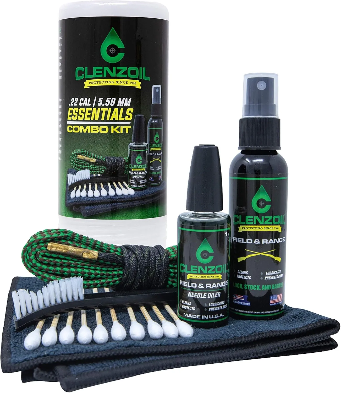 Clenzoil Pistol & Rifle Essentials Gun Cleaning Kit - Complete Gun Cleaning Kit - Easy Firearm Maintenance - with Bore Cleaner, Microfiber Towel, CLP Spray & Oiler - 5.56 mm / 22 Caliber