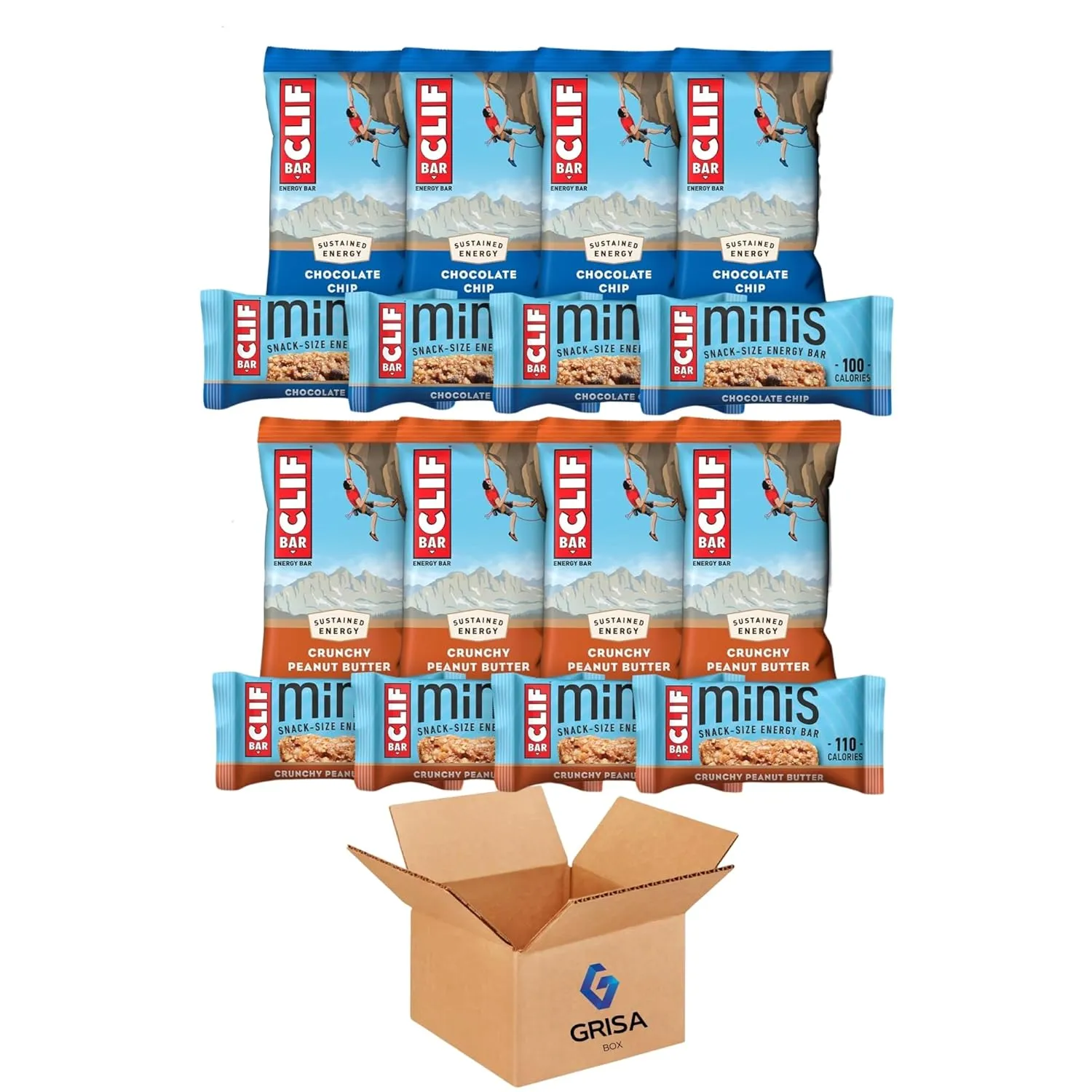 CLIF BAR Chocolate Chip and Crunchy Peanut Butter Energy Bars - 5 of each Full-Size Bars & 5 of each Mini Bars - Made with Organic Oats, Non-GMO Ingredients, and Plant-Based Protein - 20-Count Variety Pack (2.4 oz & 0.99 oz)