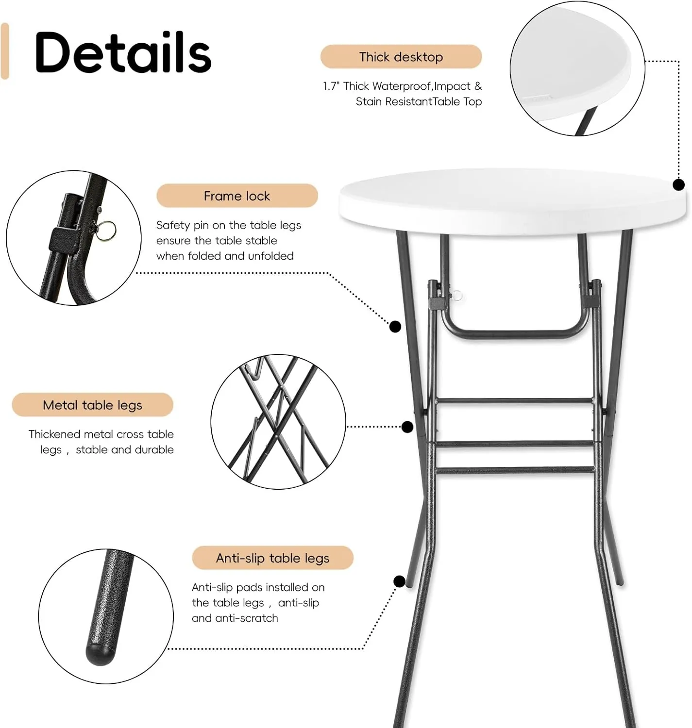 Cocktail Table 28in Portable Folding Bar Height Table, Compact Round High Top Plastic & Steel Bistro with Removable Legs, for Indoor Outdoor RV Patio Catering Parties Commercial Events