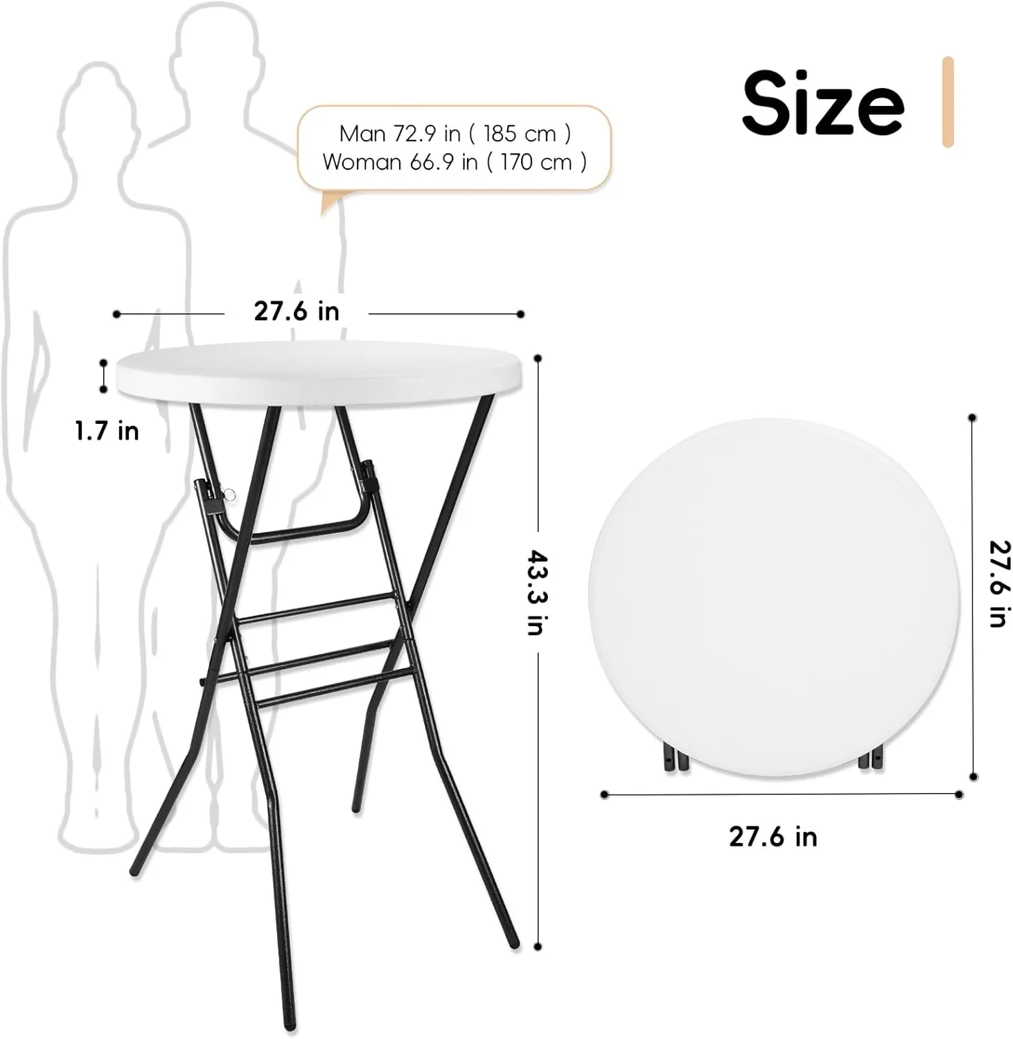 Cocktail Table 28in Portable Folding Bar Height Table, Compact Round High Top Plastic & Steel Bistro with Removable Legs, for Indoor Outdoor RV Patio Catering Parties Commercial Events