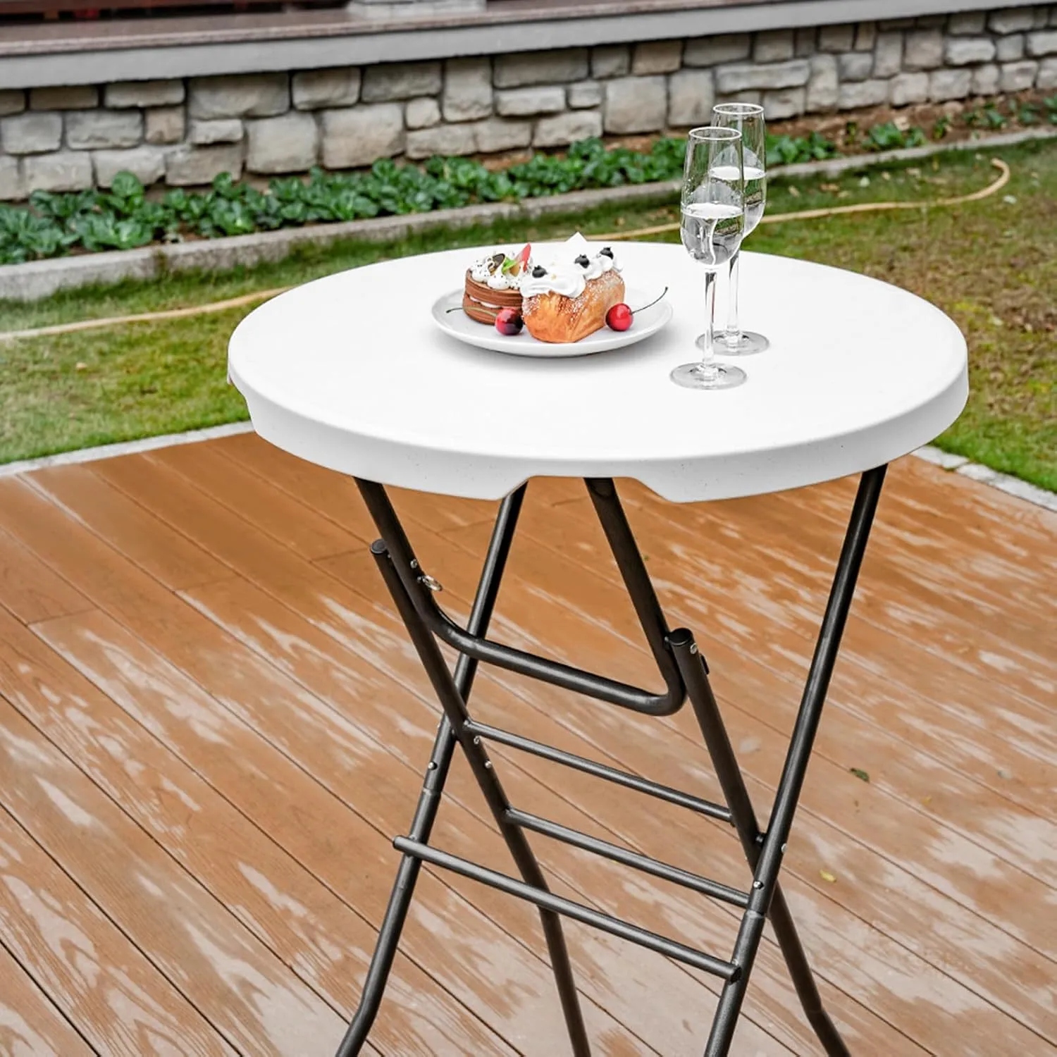 Cocktail Table 28in Portable Folding Bar Height Table, Compact Round High Top Plastic & Steel Bistro with Removable Legs, for Indoor Outdoor RV Patio Catering Parties Commercial Events