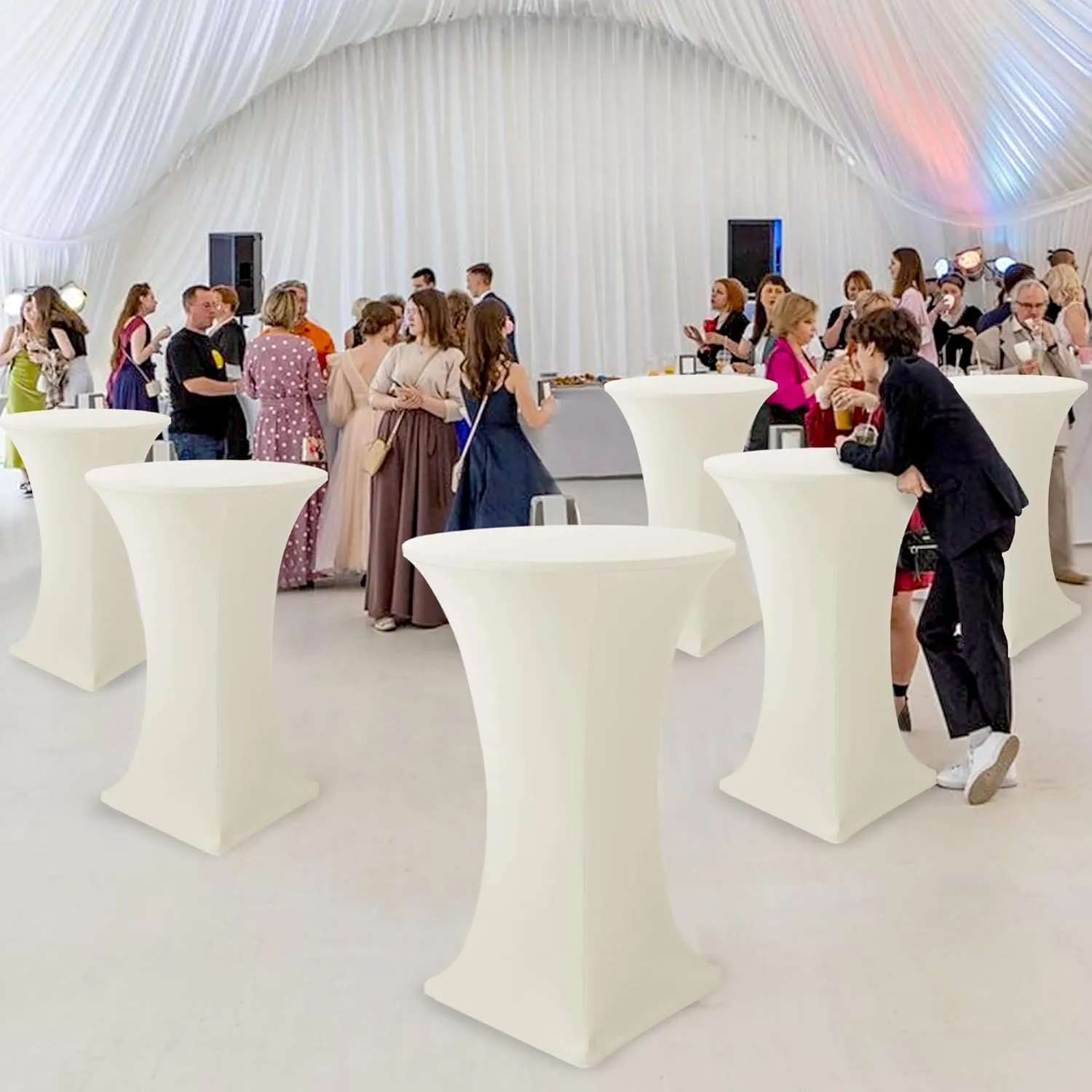 Cocktail Table Covers-Spandex Round High Top Table Cloths 6 Pack 32x43 Inch-Cream Stretch Fitted Bar Tall Tablecloth for Pub Bistro Highboy Party Event Banquet Height Folding Satnding Tables