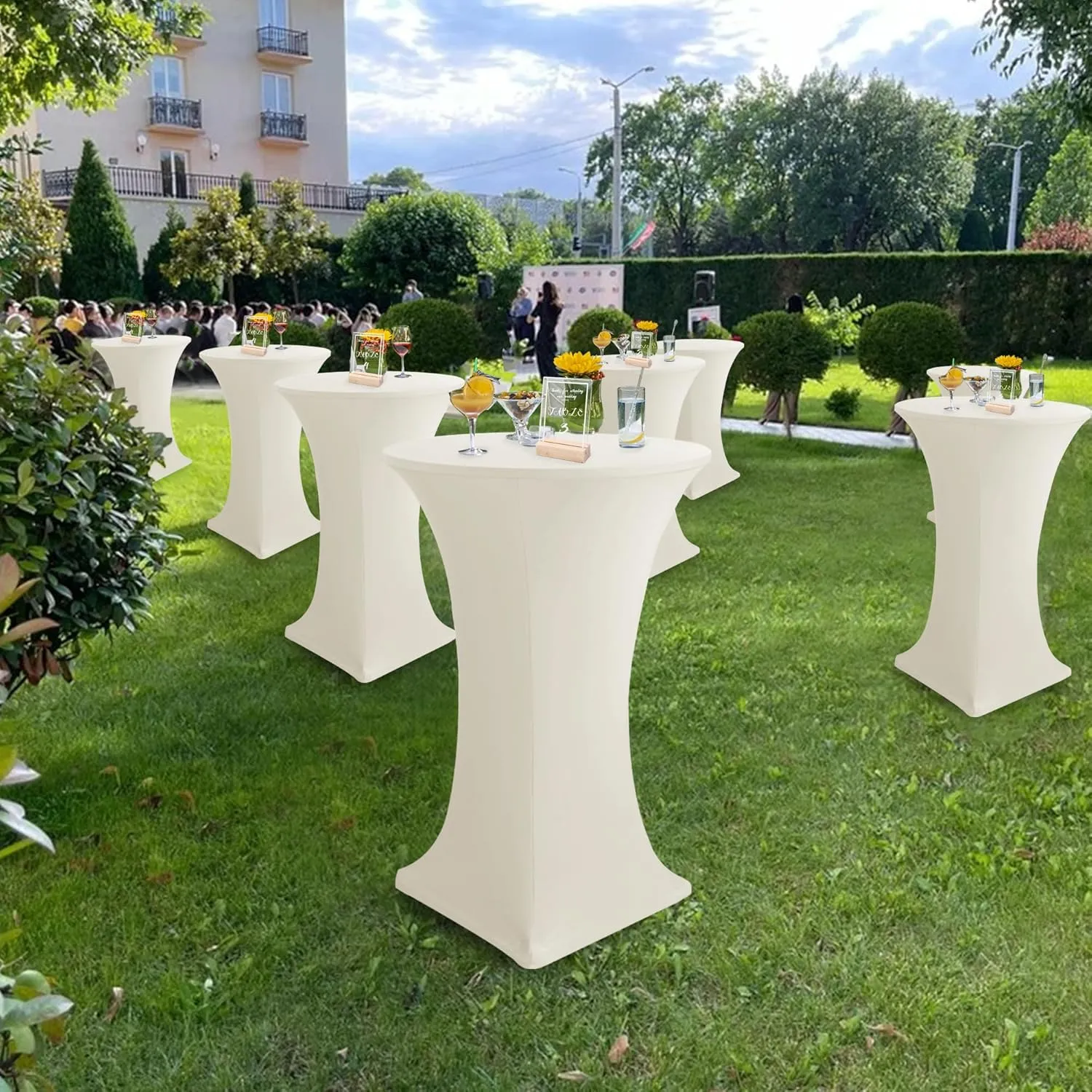 Cocktail Table Covers-Spandex Round High Top Table Cloths 6 Pack 32x43 Inch-Cream Stretch Fitted Bar Tall Tablecloth for Pub Bistro Highboy Party Event Banquet Height Folding Satnding Tables