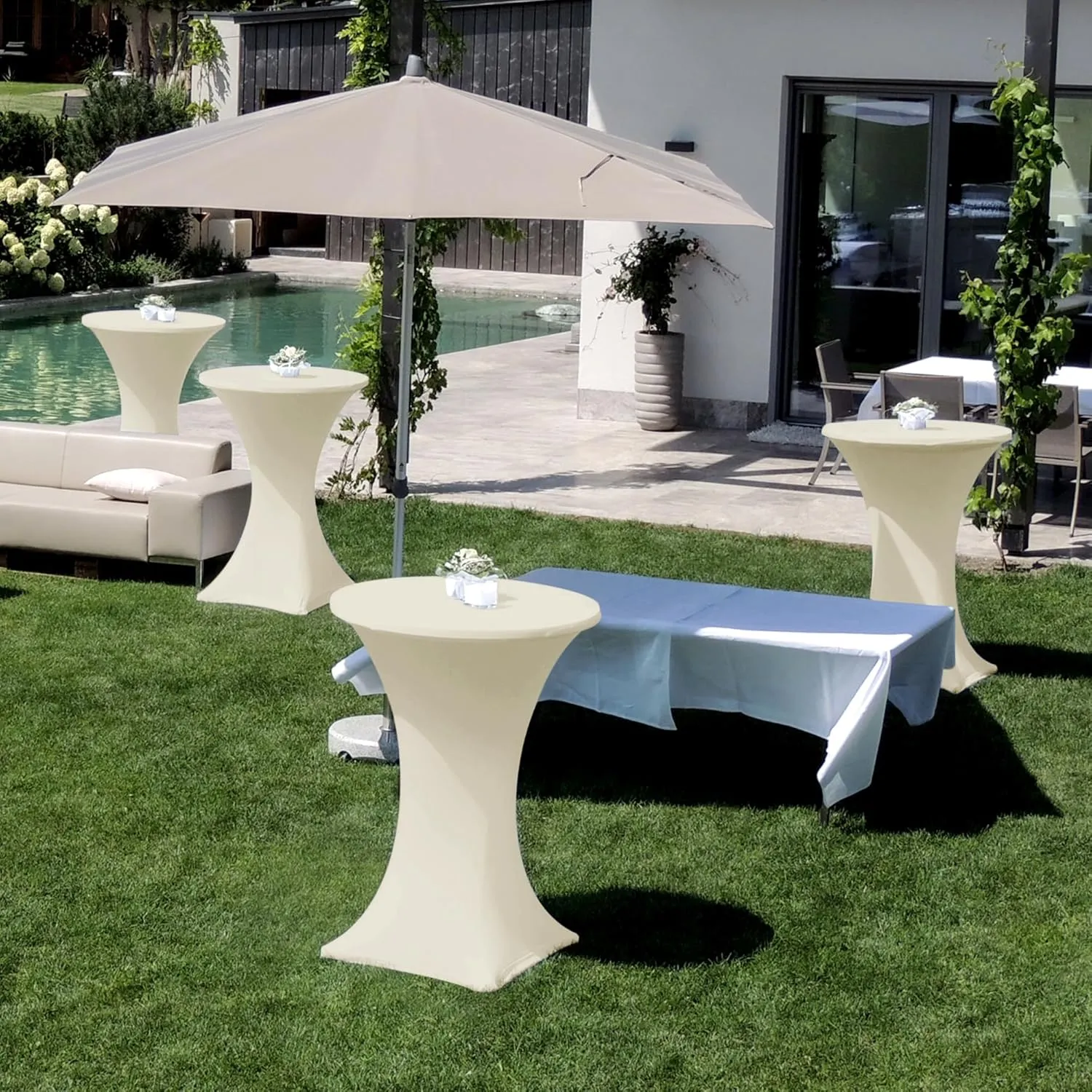 Cocktail Table Covers-Spandex Round High Top Table Cloths 6 Pack 32x43 Inch-Cream Stretch Fitted Bar Tall Tablecloth for Pub Bistro Highboy Party Event Banquet Height Folding Satnding Tables