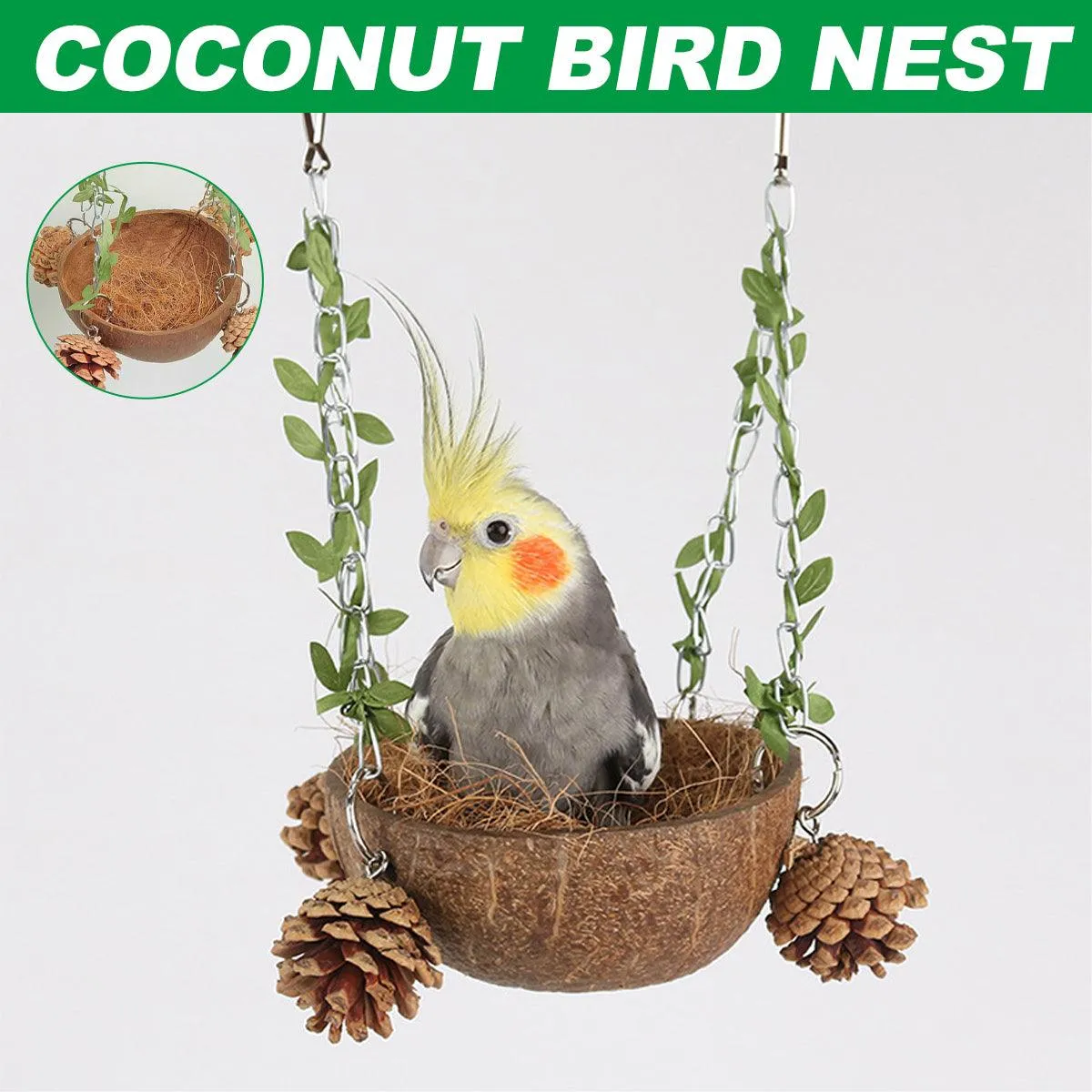 Coconut Birdhouse Swing Hammock Toy for Birds Natural Wooden Nest for Parrots