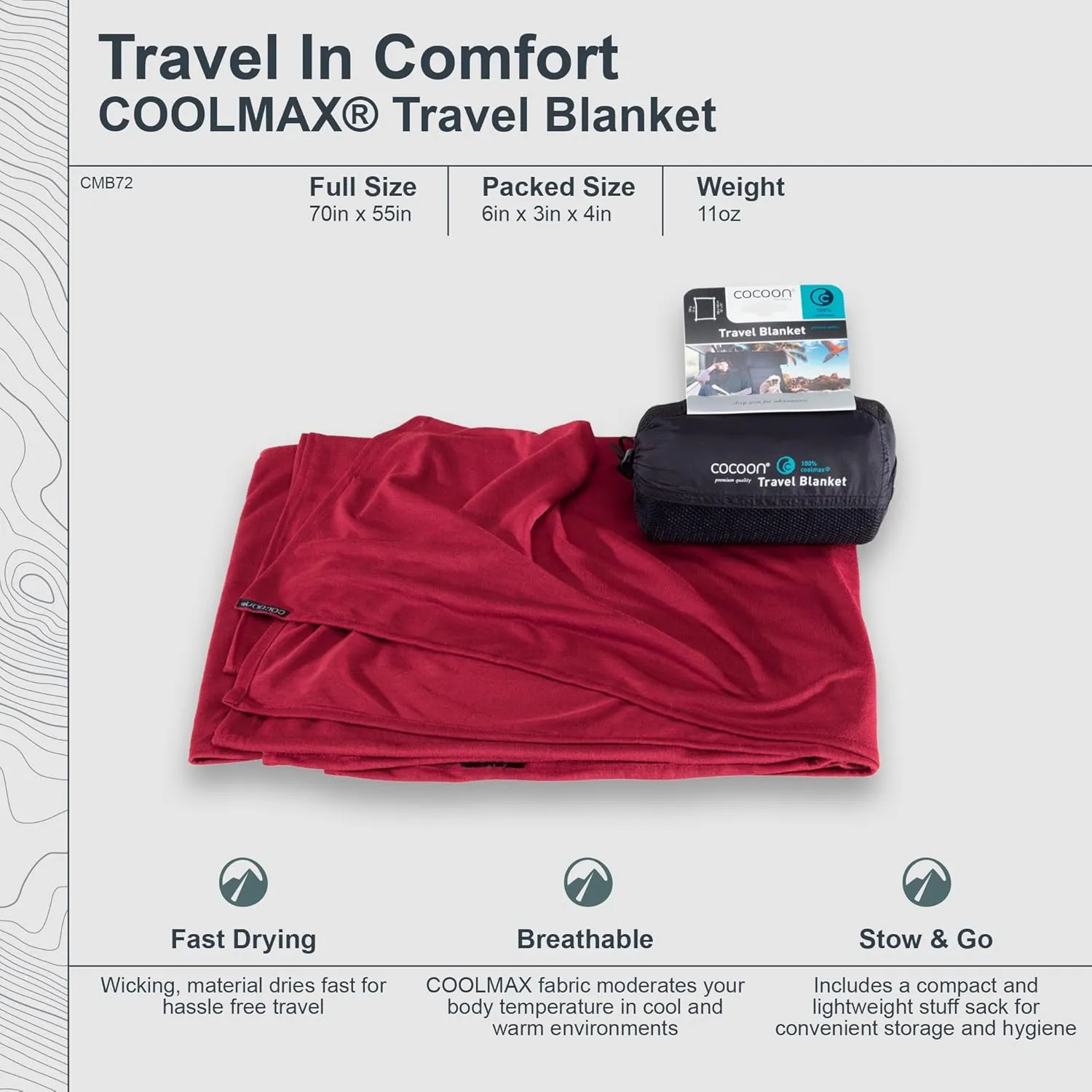 COCOON - Coolmax Travel Blanket | Compact Throw Blanket for Camping and Hiking | Fits in Backpack | Attaches to Luggage | Travel Essential | Fast Drying (Regular 70" x 55")