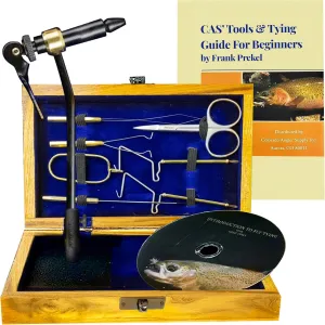 Colorado Anglers - Fly Tying Standard Tool Kit with Wooden Box, Book & DVD, Rotary Vise, Bobbin, Scissors, Whip Finisher, Complete Fly Fishing Set for Beginners & Pros