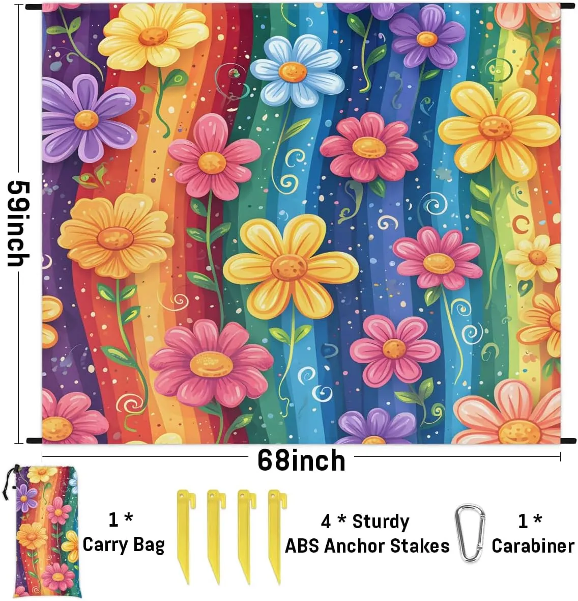 Colorful Flower Beach Blanket, Sandproof Beach Mat, 68 x 59 Waterproof Quick Drying Sand Free Mat with 4 x Ground Spikes for Outdoor Travel Camping Hiking, Rainbow Flower