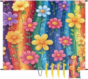 Colorful Flower Beach Blanket, Sandproof Beach Mat, 68 x 59 Waterproof Quick Drying Sand Free Mat with 4 x Ground Spikes for Outdoor Travel Camping Hiking, Rainbow Flower