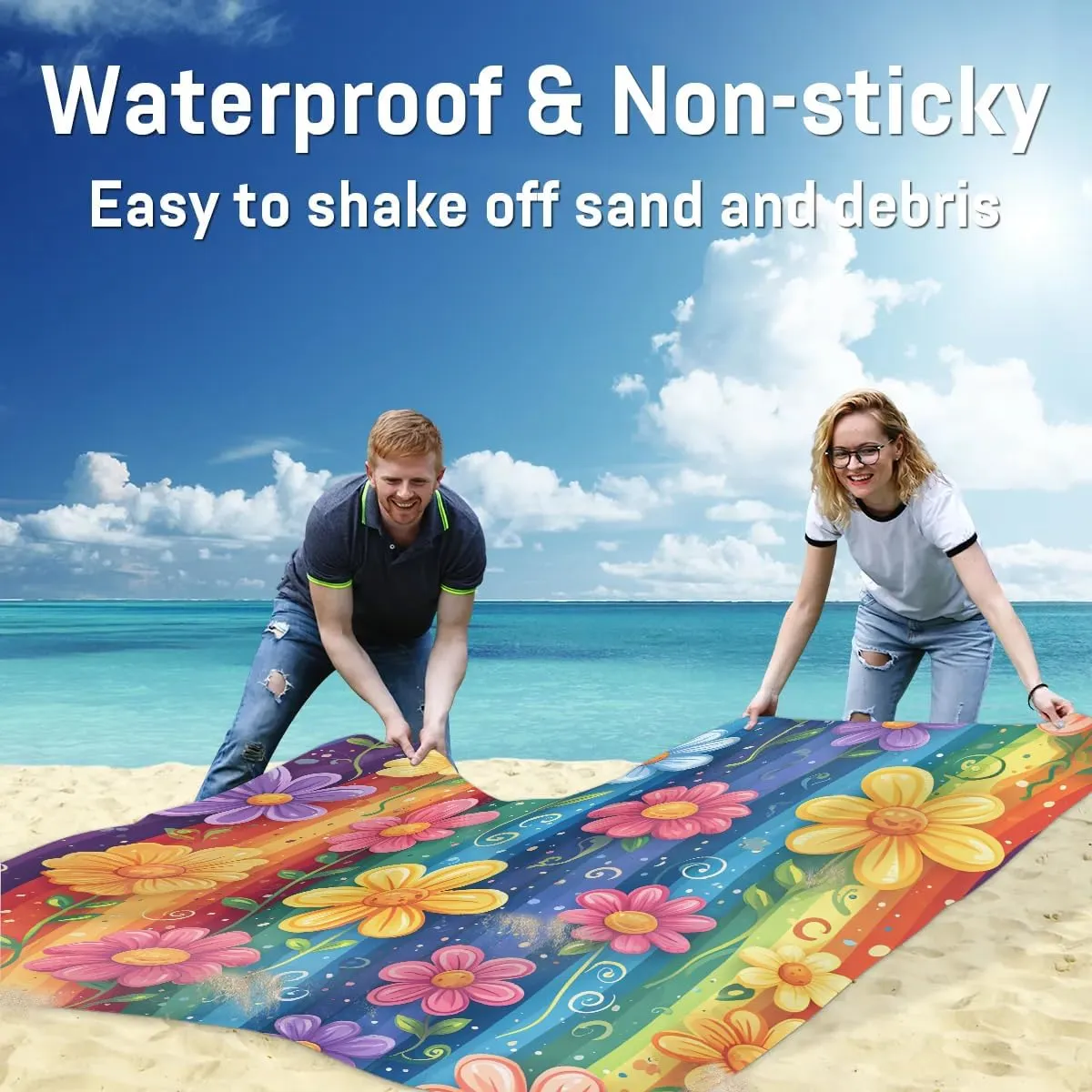 Colorful Flower Beach Blanket, Sandproof Beach Mat, 68 x 59 Waterproof Quick Drying Sand Free Mat with 4 x Ground Spikes for Outdoor Travel Camping Hiking, Rainbow Flower