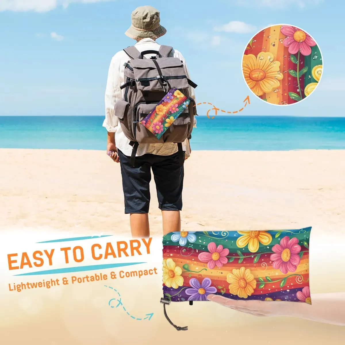 Colorful Flower Beach Blanket, Sandproof Beach Mat, 68 x 59 Waterproof Quick Drying Sand Free Mat with 4 x Ground Spikes for Outdoor Travel Camping Hiking, Rainbow Flower