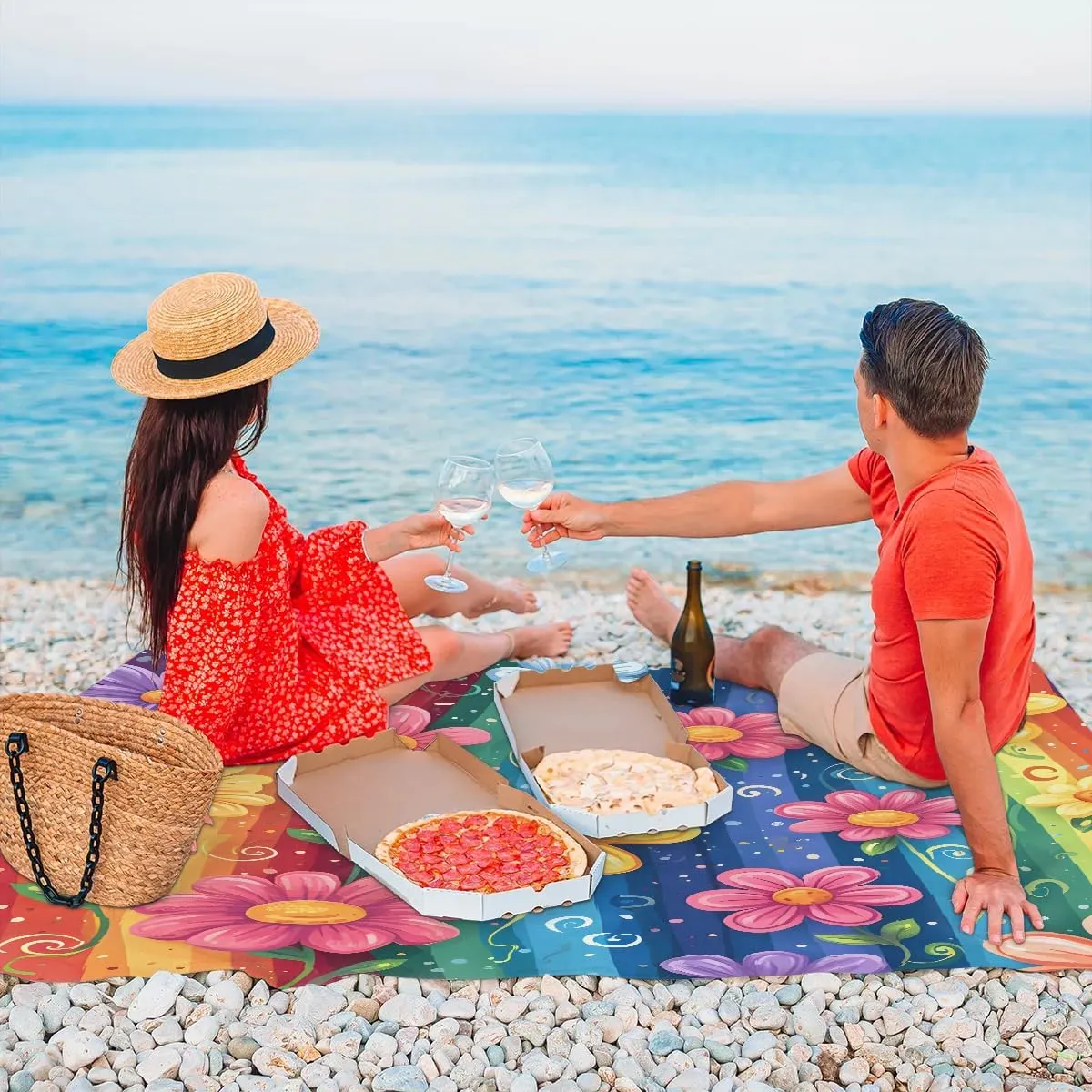 Colorful Flower Beach Blanket, Sandproof Beach Mat, 68 x 59 Waterproof Quick Drying Sand Free Mat with 4 x Ground Spikes for Outdoor Travel Camping Hiking, Rainbow Flower