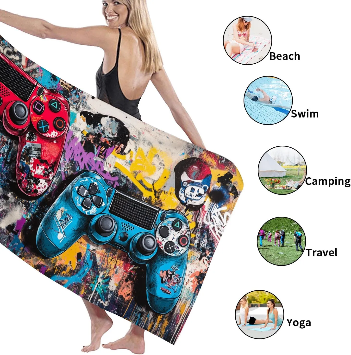 Colorful Graffitis Beach Towel Microfiber Red Blue Controller Design Extra Large Quick Dry Soft Sand Free Lightweight Blanket Great for Pool Gym Vacation Outdoor Picnic Essentials 62x31 Inch