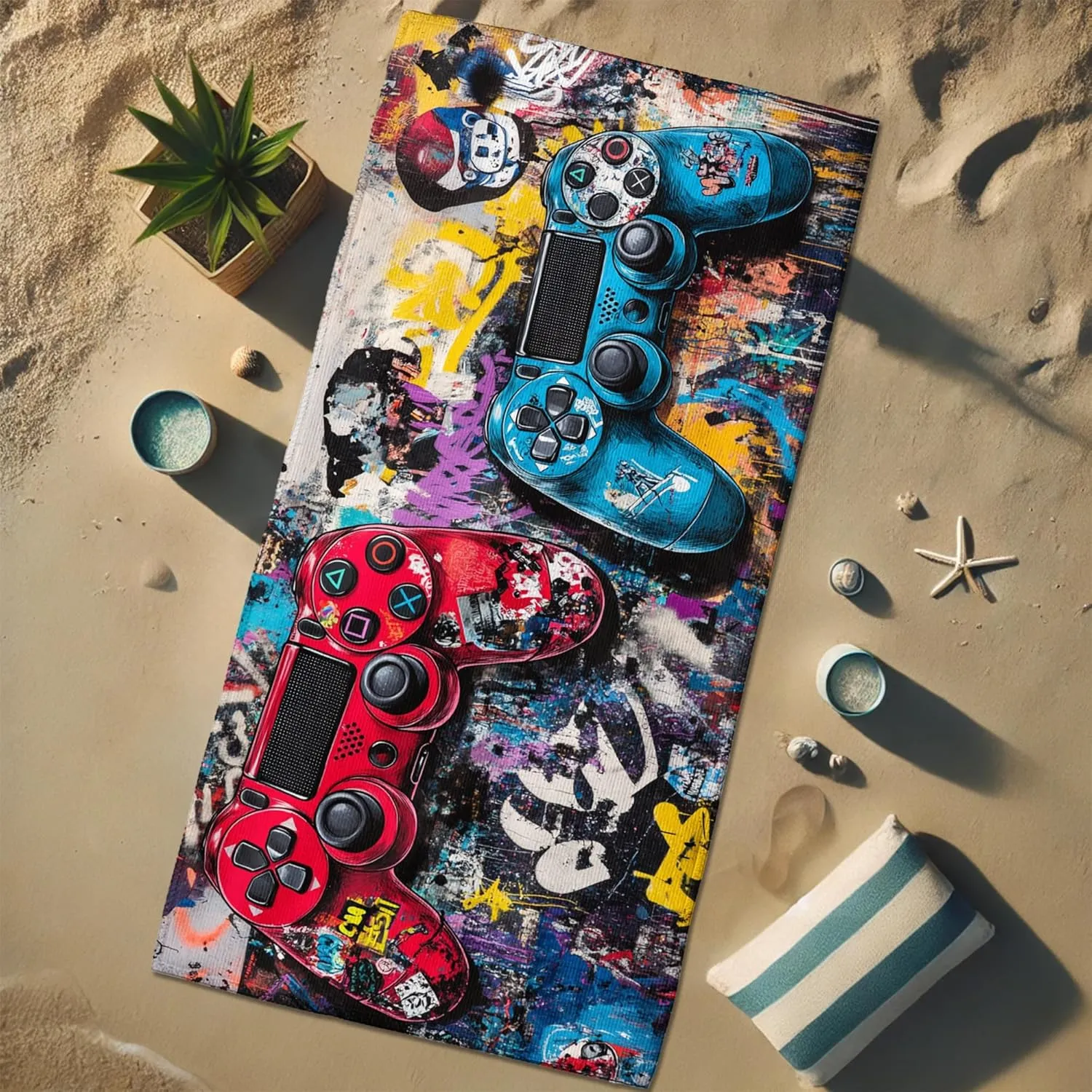 Colorful Graffitis Beach Towel Microfiber Red Blue Controller Design Extra Large Quick Dry Soft Sand Free Lightweight Blanket Great for Pool Gym Vacation Outdoor Picnic Essentials 62x31 Inch