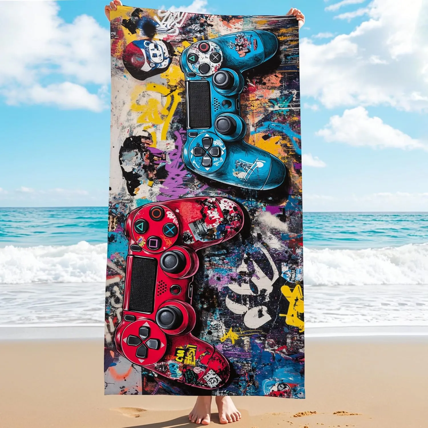Colorful Graffitis Beach Towel Microfiber Red Blue Controller Design Extra Large Quick Dry Soft Sand Free Lightweight Blanket Great for Pool Gym Vacation Outdoor Picnic Essentials 62x31 Inch