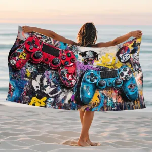 Colorful Graffitis Beach Towel Microfiber Red Blue Controller Design Extra Large Quick Dry Soft Sand Free Lightweight Blanket Great for Pool Gym Vacation Outdoor Picnic Essentials 62x31 Inch