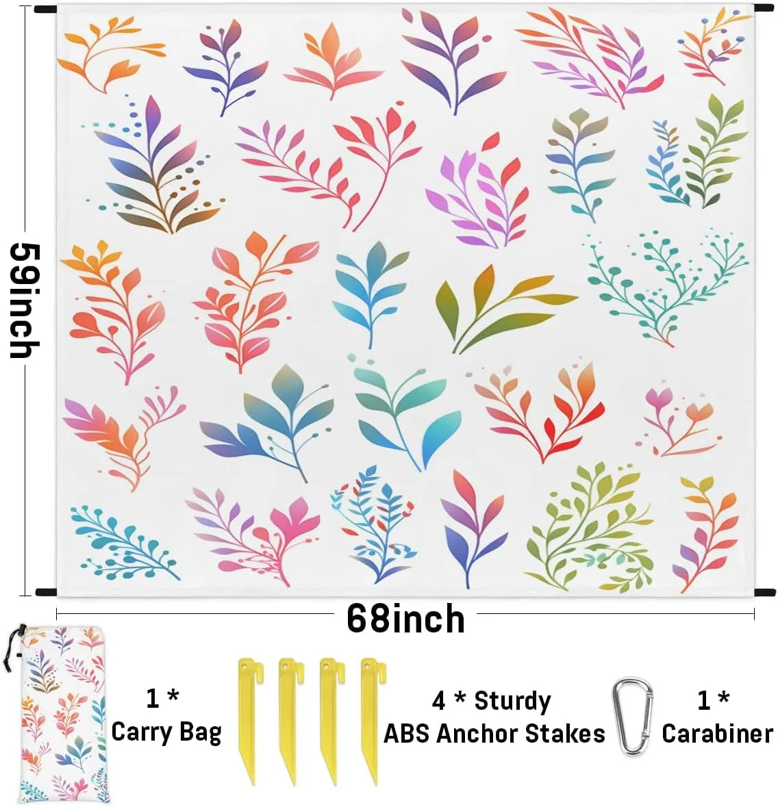 Colourful Leaves Beach Blanket, Sandproof Beach Mat, 68 x 59 Waterproof Quick Drying Sand Free Mat with 4 x Ground Spikes for Outdoor Travel Camping Hiking, Wild Leaves