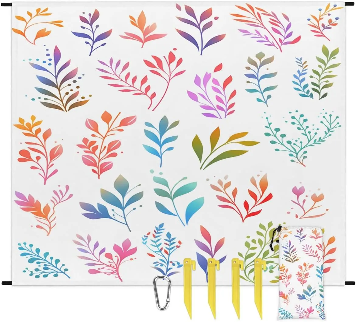 Colourful Leaves Beach Blanket, Sandproof Beach Mat, 68 x 59 Waterproof Quick Drying Sand Free Mat with 4 x Ground Spikes for Outdoor Travel Camping Hiking, Wild Leaves