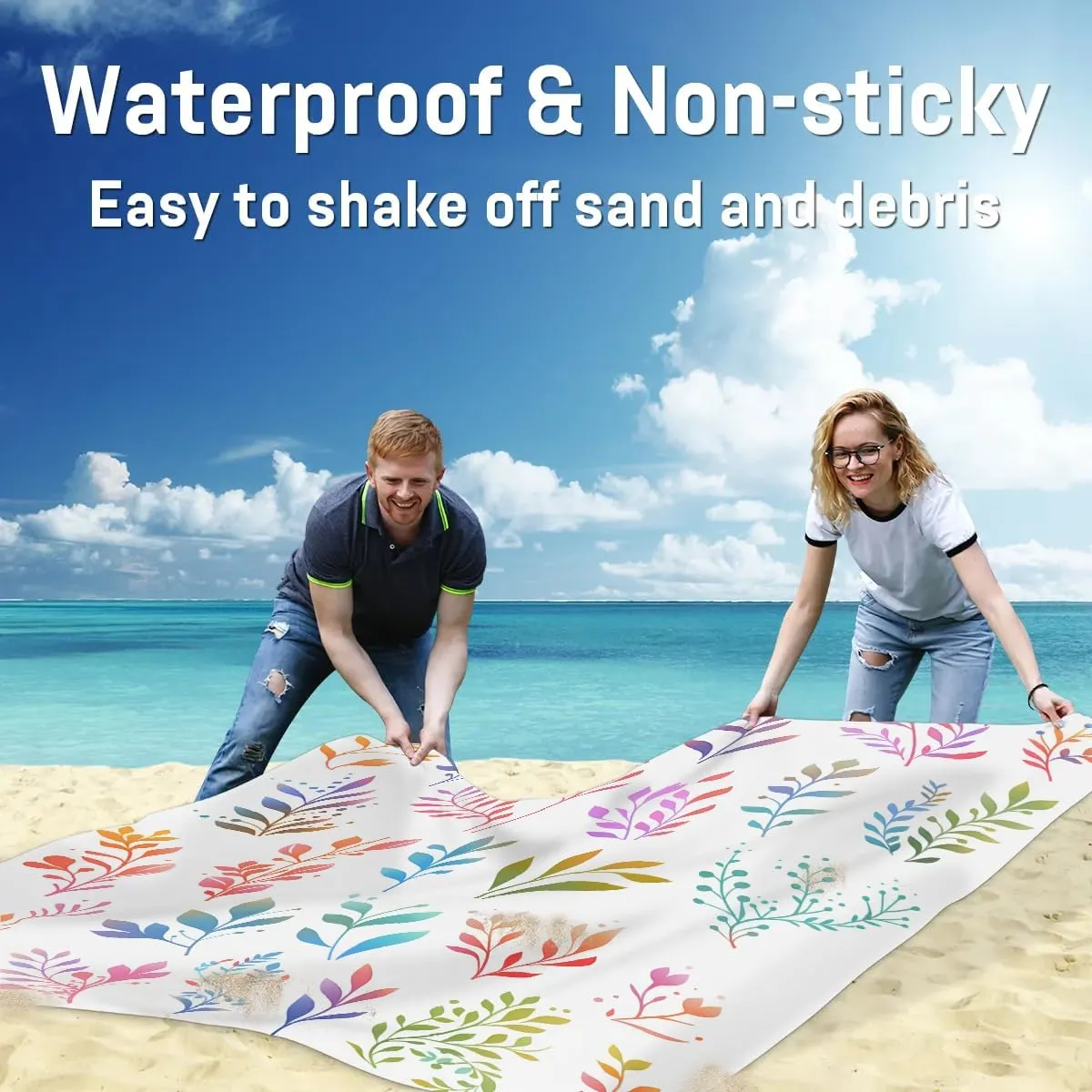 Colourful Leaves Beach Blanket, Sandproof Beach Mat, 68 x 59 Waterproof Quick Drying Sand Free Mat with 4 x Ground Spikes for Outdoor Travel Camping Hiking, Wild Leaves
