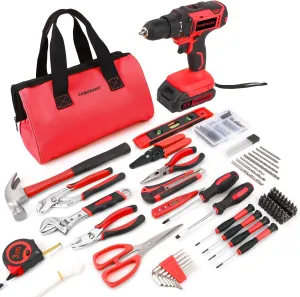 COMOWARE Home Tool Kit with 20V Cordless Power Drill, 171PCS Household Repairing Tool Set with Red Bag for DIY Home Maintenance