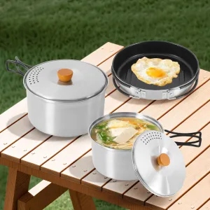 Compact stainless steel Campfire cooking pot kit with travel tote bag