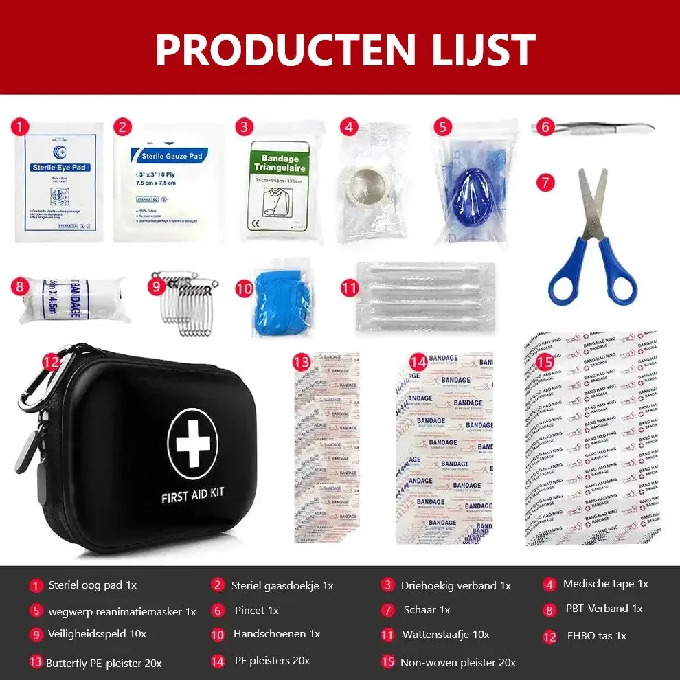 Compacte eerste hulp EHBO kit 90pcs | Rood of Zwart